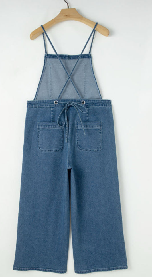 Adjustable tie strap cropped wide leg Denim Overalls