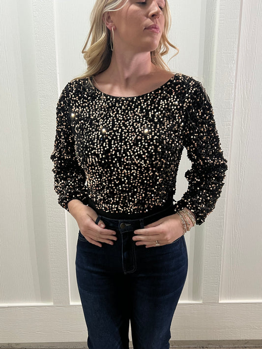 Black Deep V- Neck Sequin Bodysuit