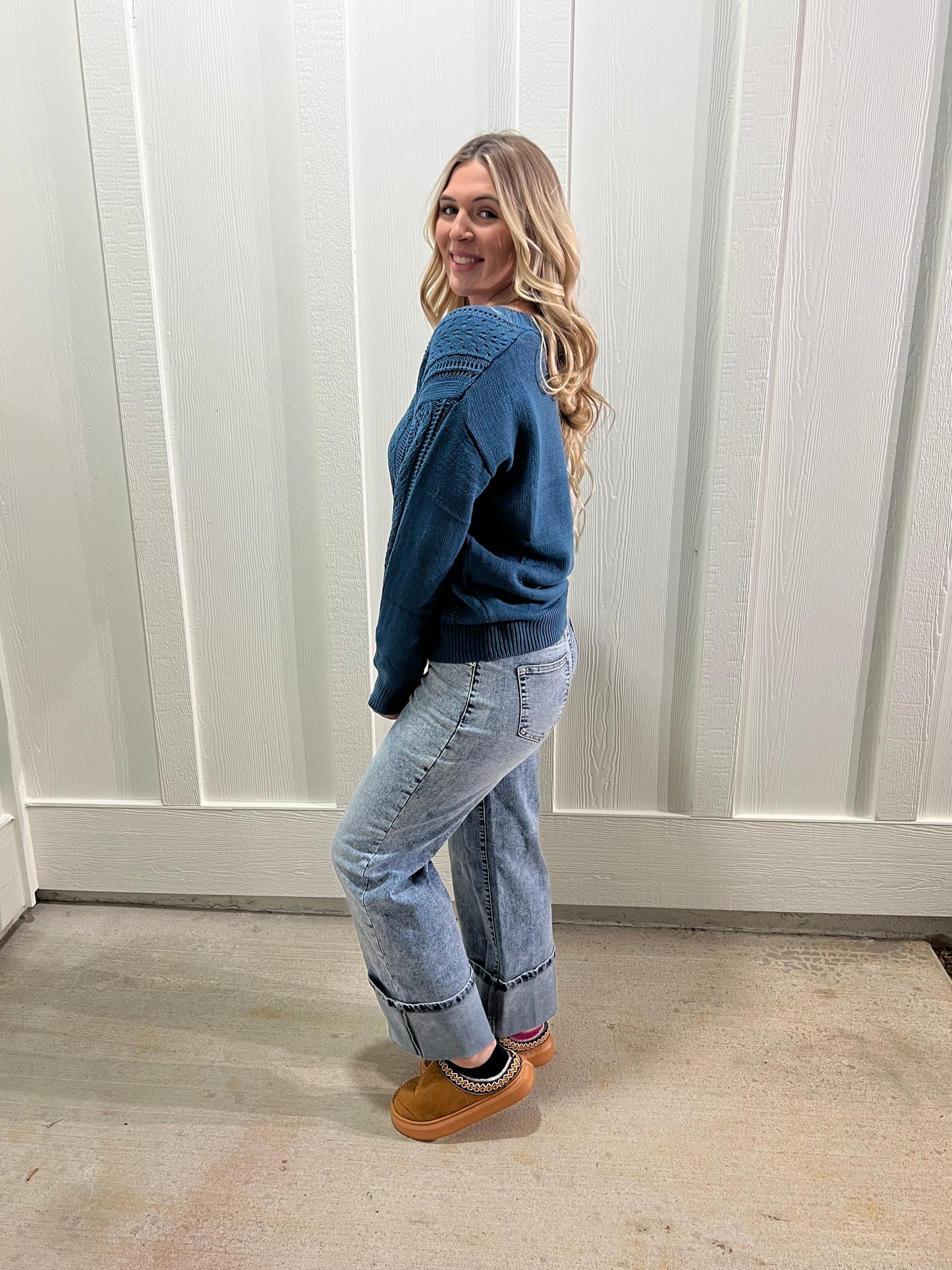 Teal Open Knit Drop Shoulder Sweater Cardigan