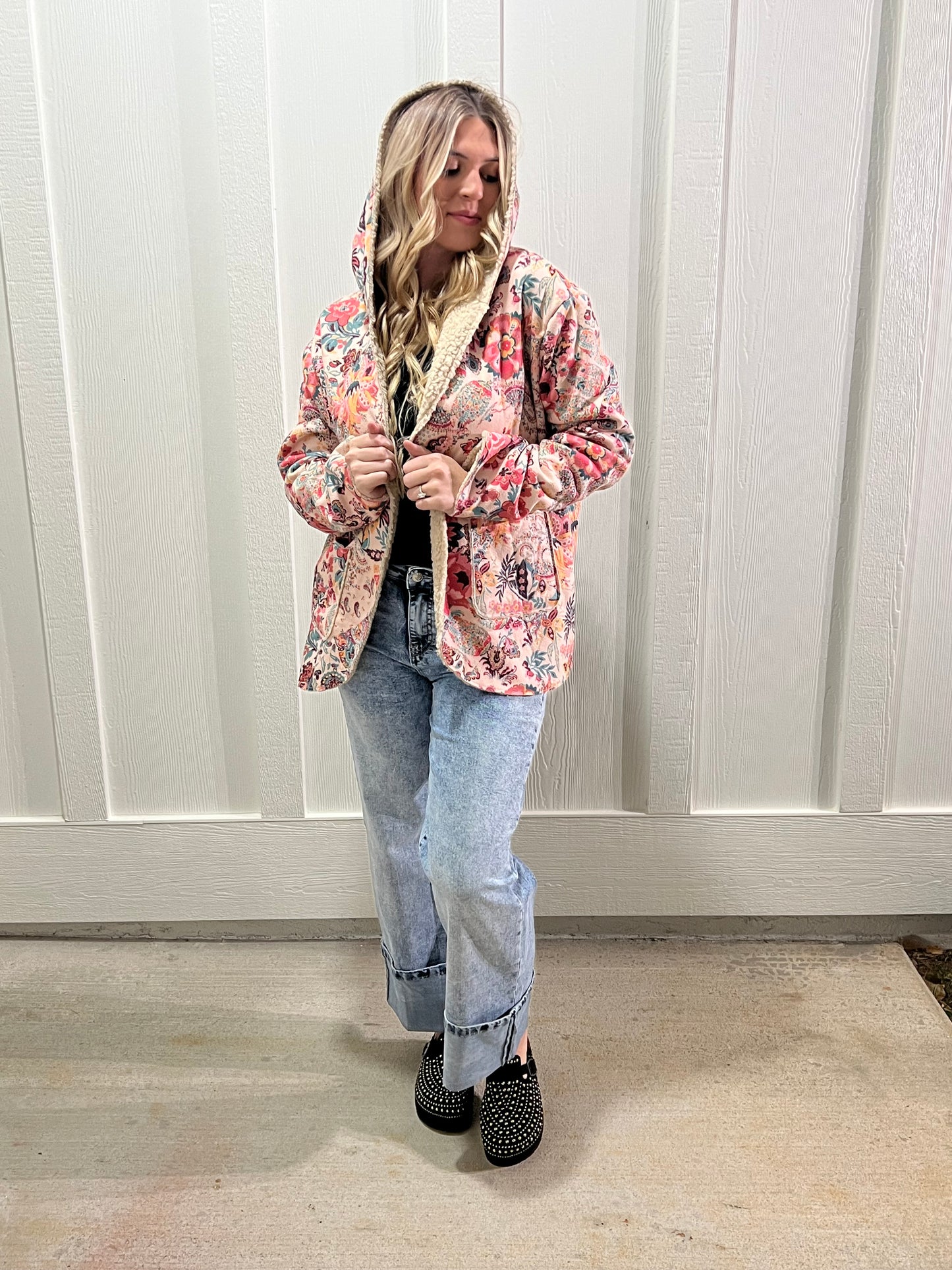 Vintage Paisley Floral Printed Sherpa Lined Hooded Jacket