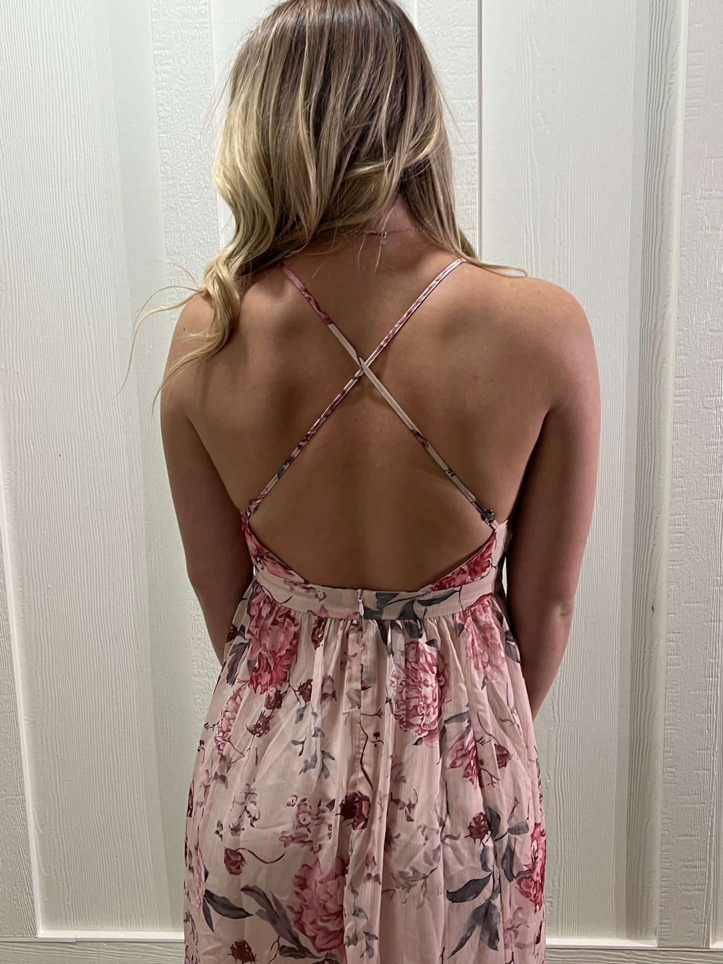 Pink Floral Backless Maxi Dress