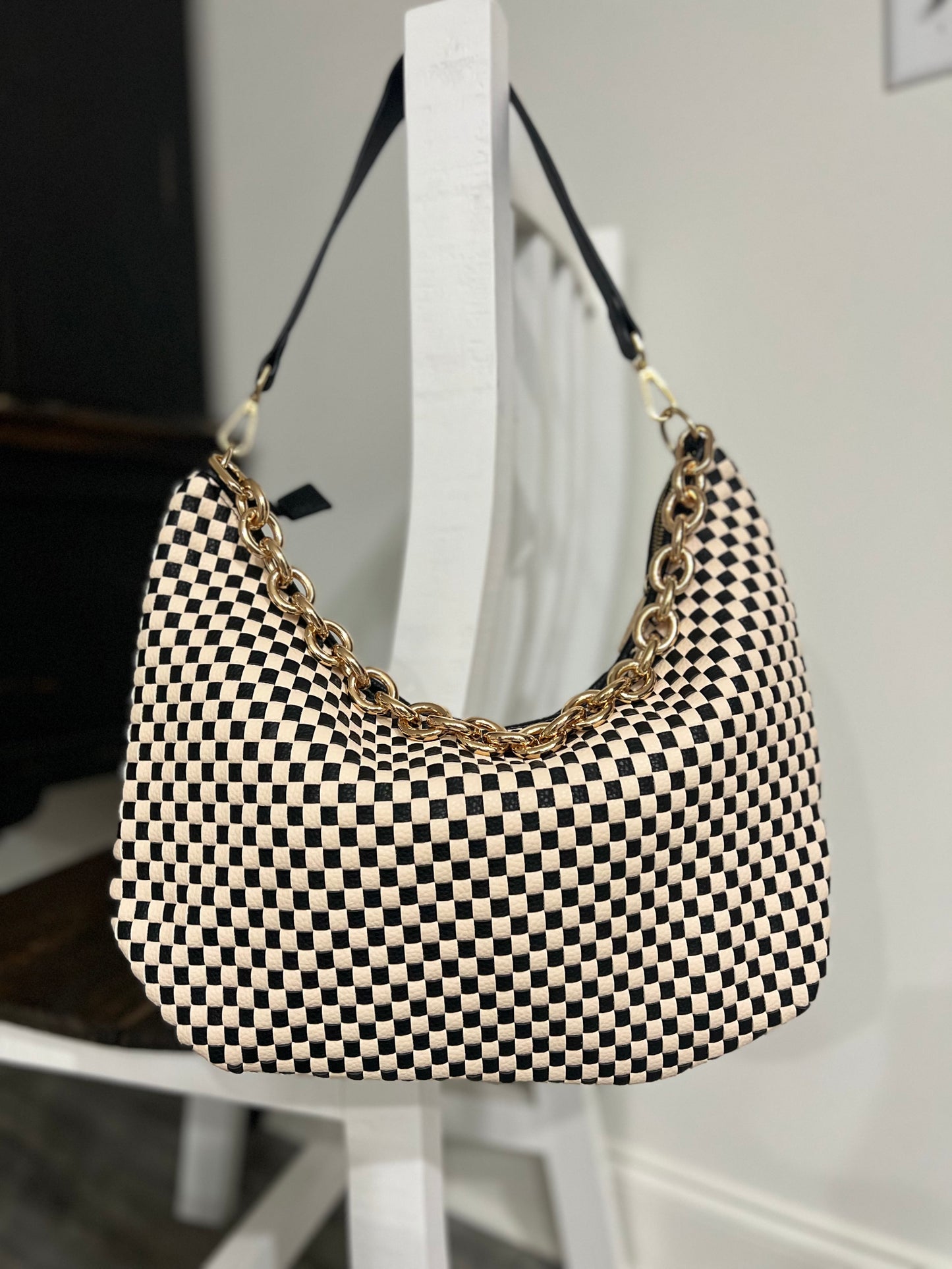 Black Checkered Sienna Slouchy Woven Shoulder Bag
