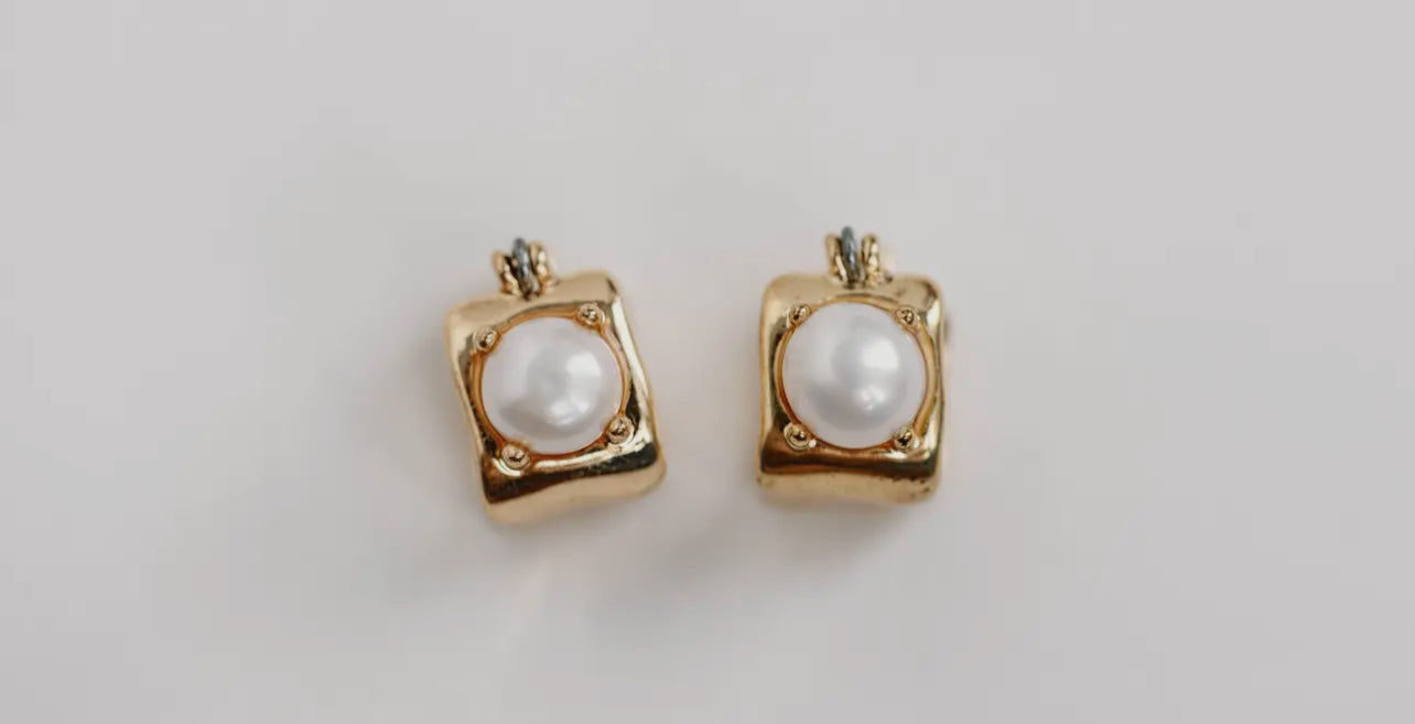 Vintage Mini Square Gold Pearl Huggie Hoop Earrings