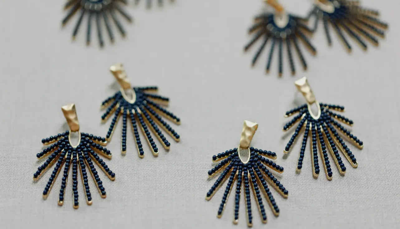 Navy Sunburst Statement Drop Earrings