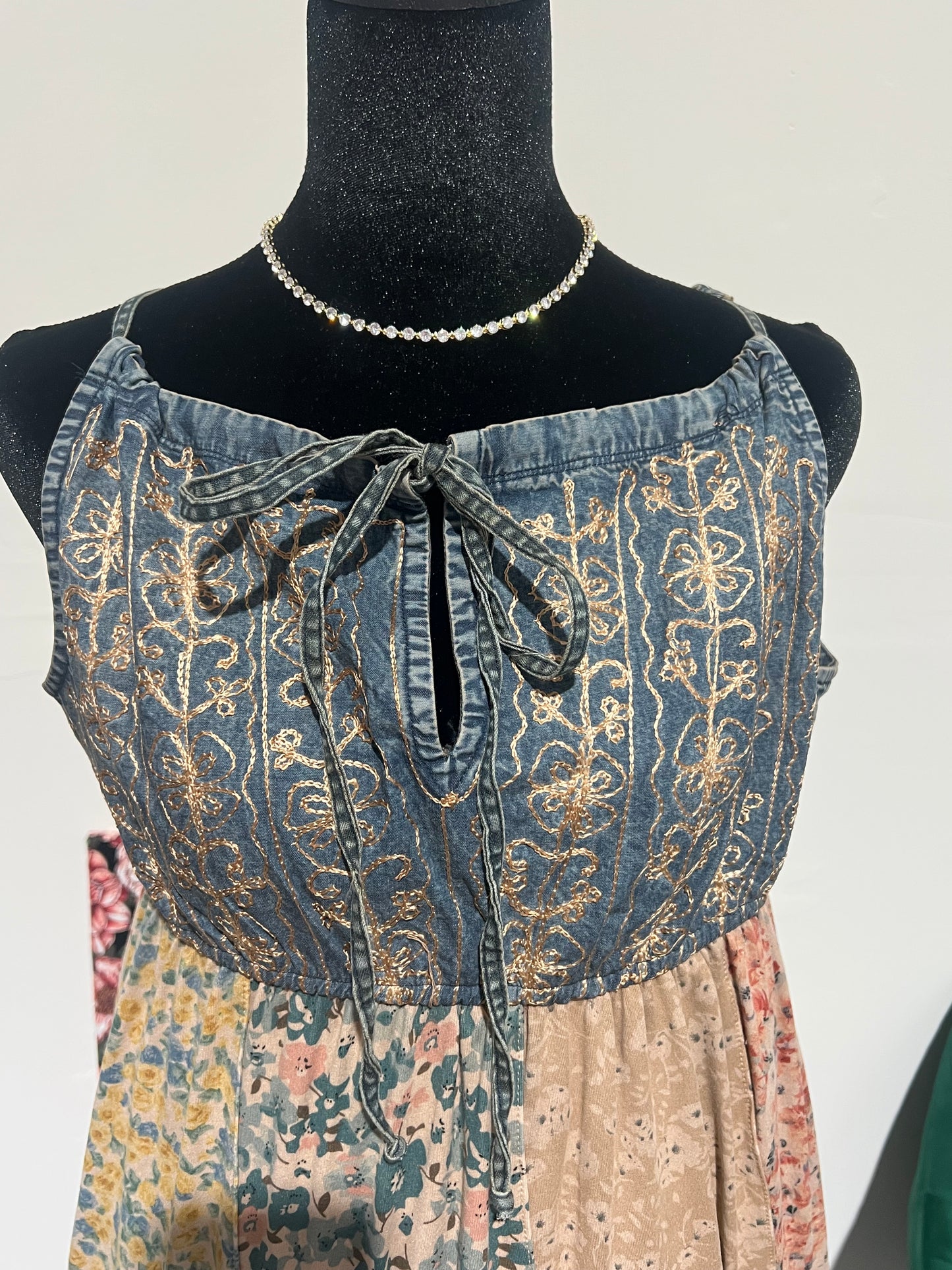 Bohemian patchwork, spaghetti strap, floral tiered, maxi dress