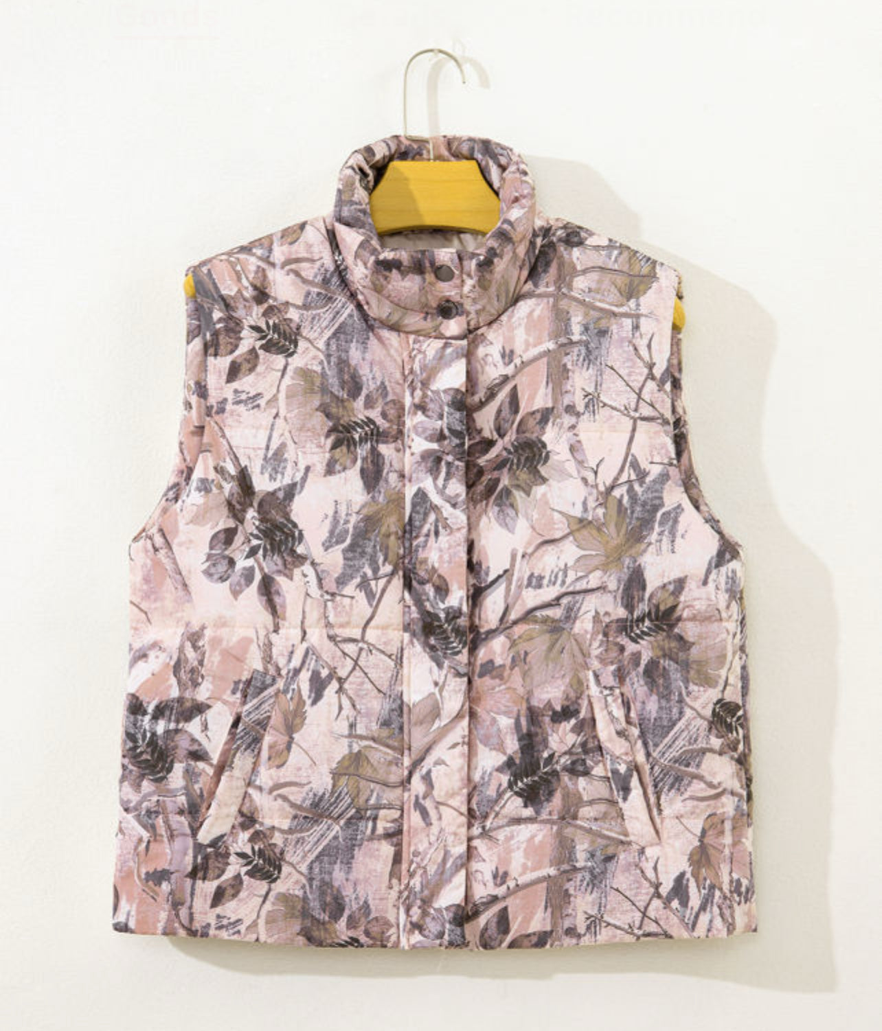 Brown camo leaf print winter puffer vest