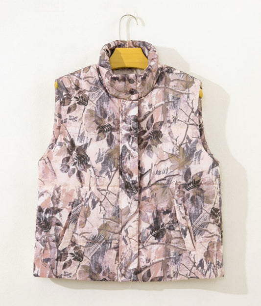 Brown camo leaf print winter puffer vest