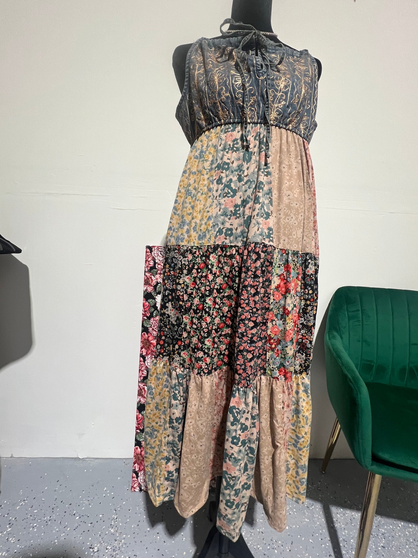 Bohemian patchwork, spaghetti strap, floral tiered, maxi dress