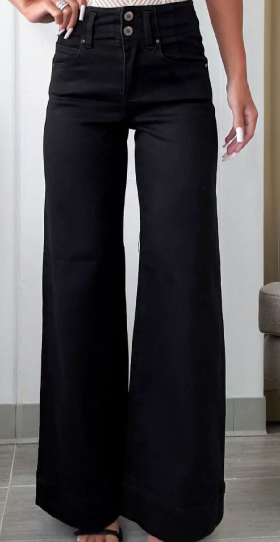 Black 2 - Button High Waist Flared Bottom Jeans