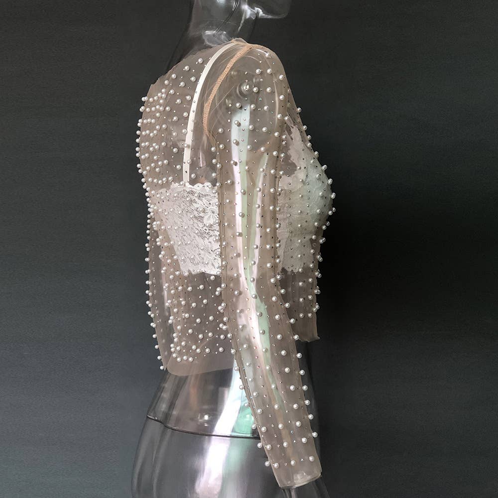 Pearl rhinestone sheer mesh see through top