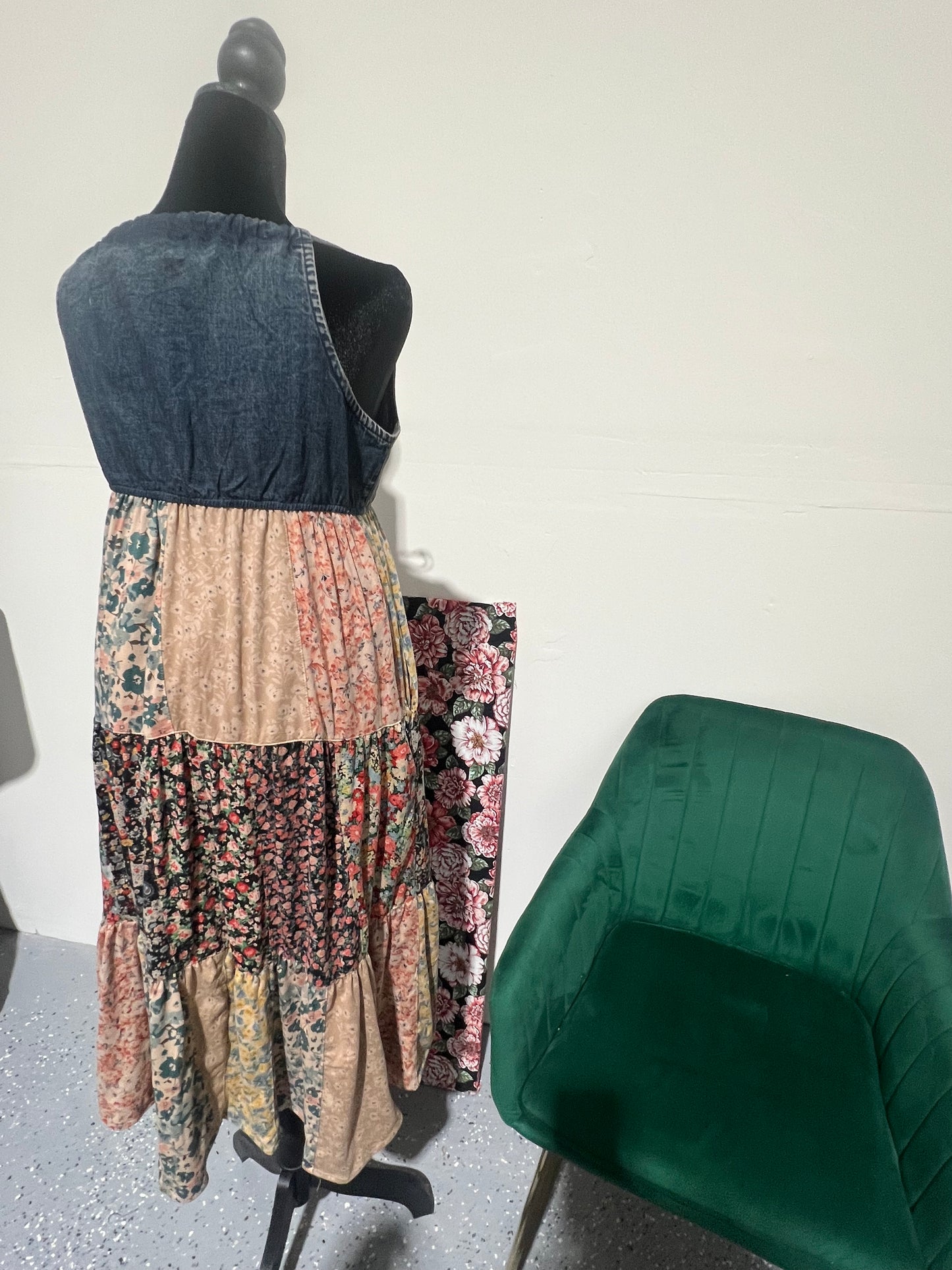 Bohemian patchwork, spaghetti strap, floral tiered, maxi dress