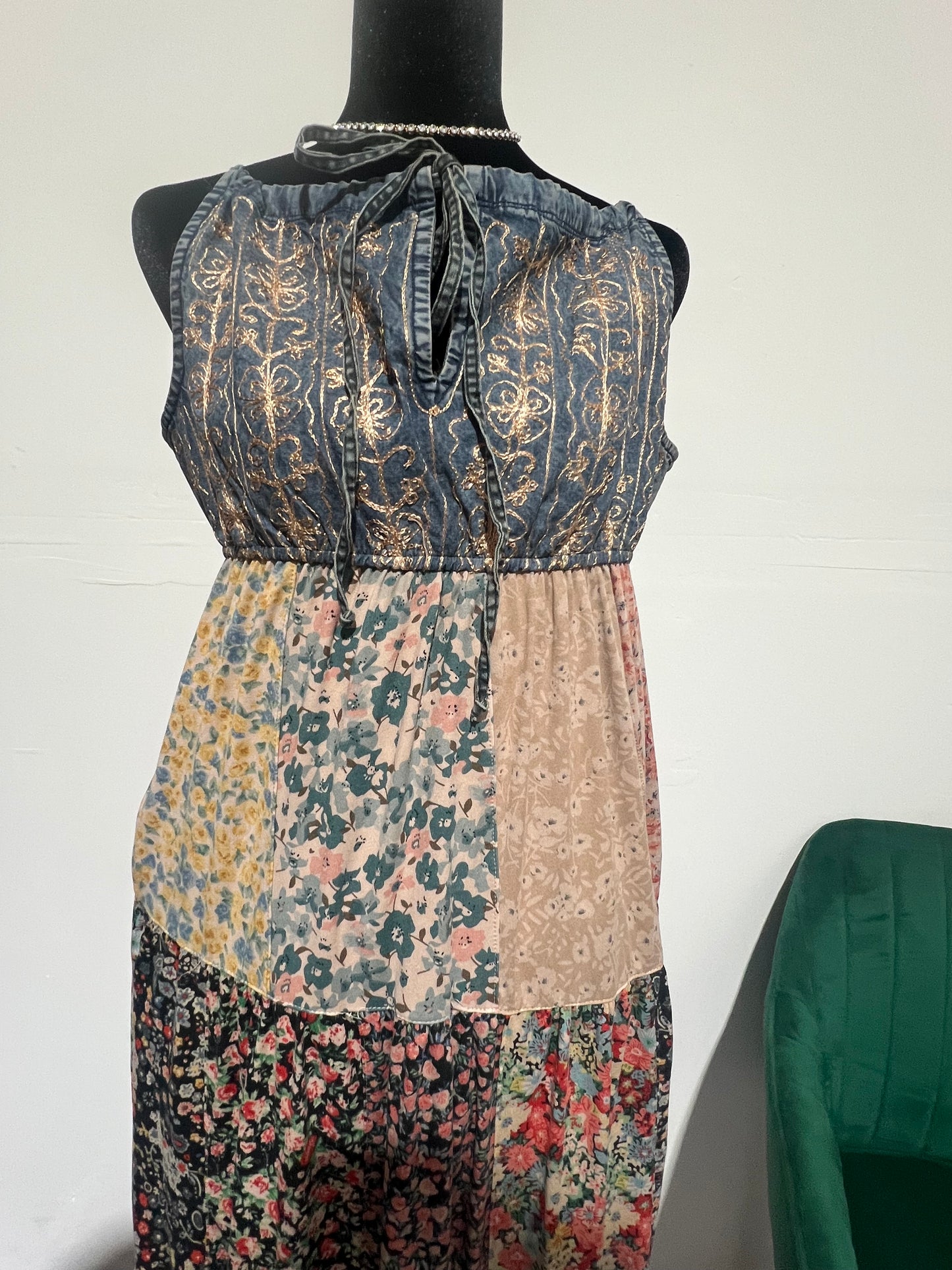 Bohemian patchwork, spaghetti strap, floral tiered, maxi dress