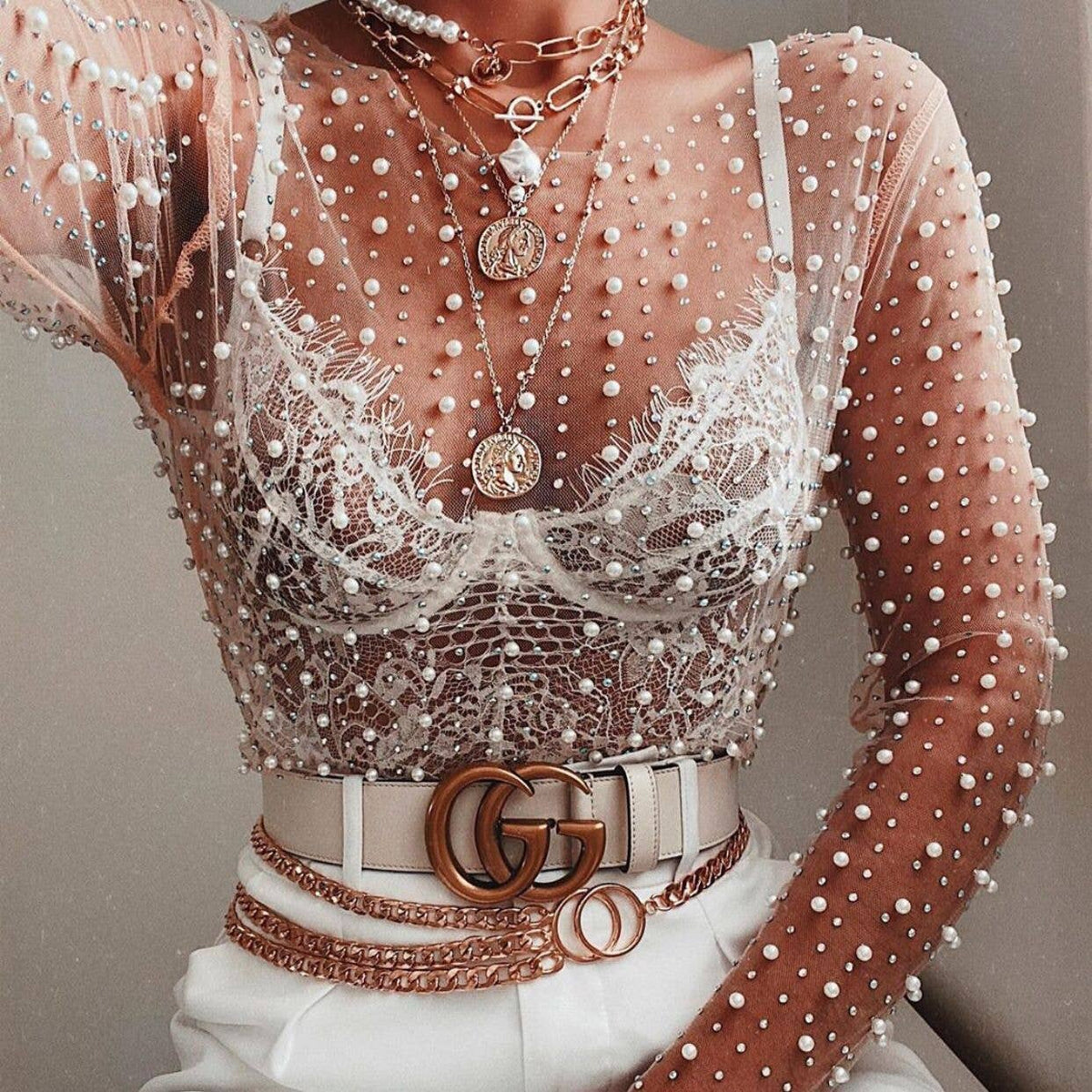 See Through Rhinestone Pearl rhinestone sheer mesh see through top – That Vintage Chic Boutique