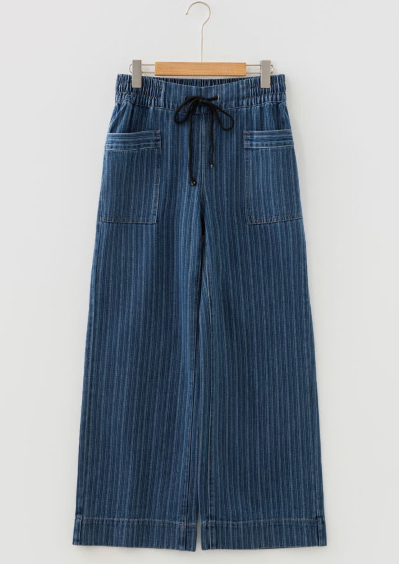 Blue stripe contrasted drawstring pocketed loose jeans