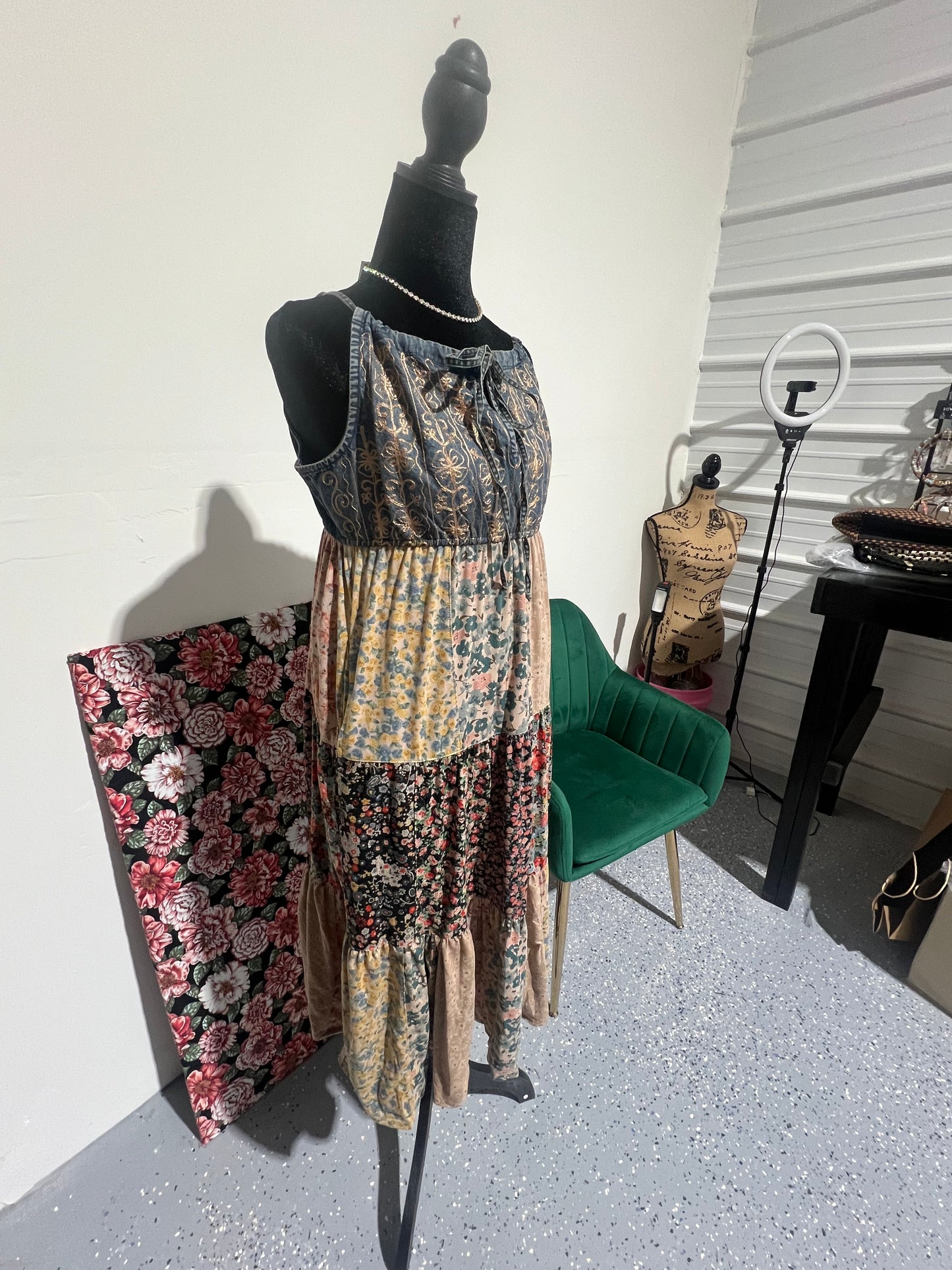 Bohemian patchwork, spaghetti strap, floral tiered, maxi dress