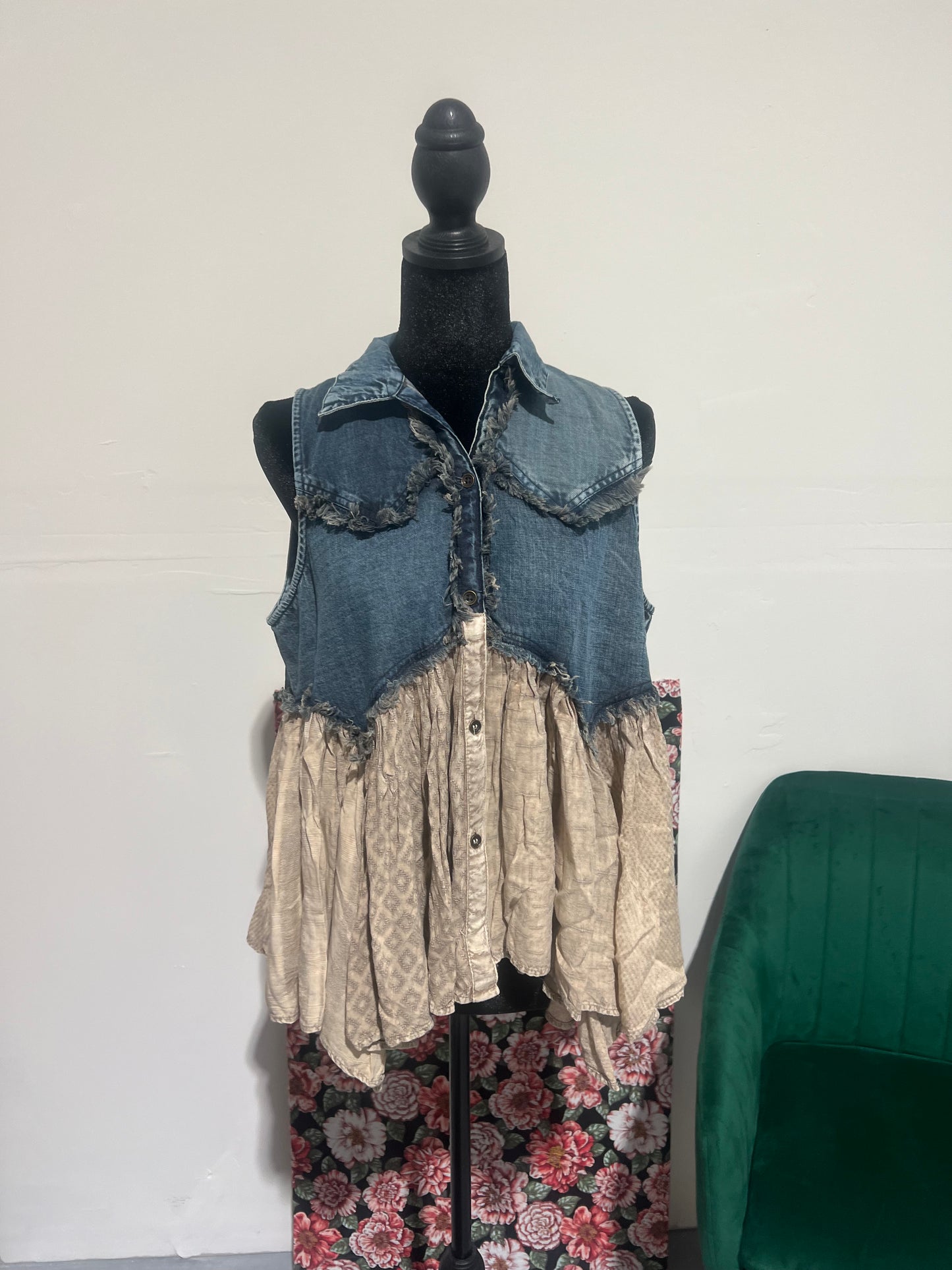 Distressed Boho Western Denim With Ruffles Sleeveless Tunic Top