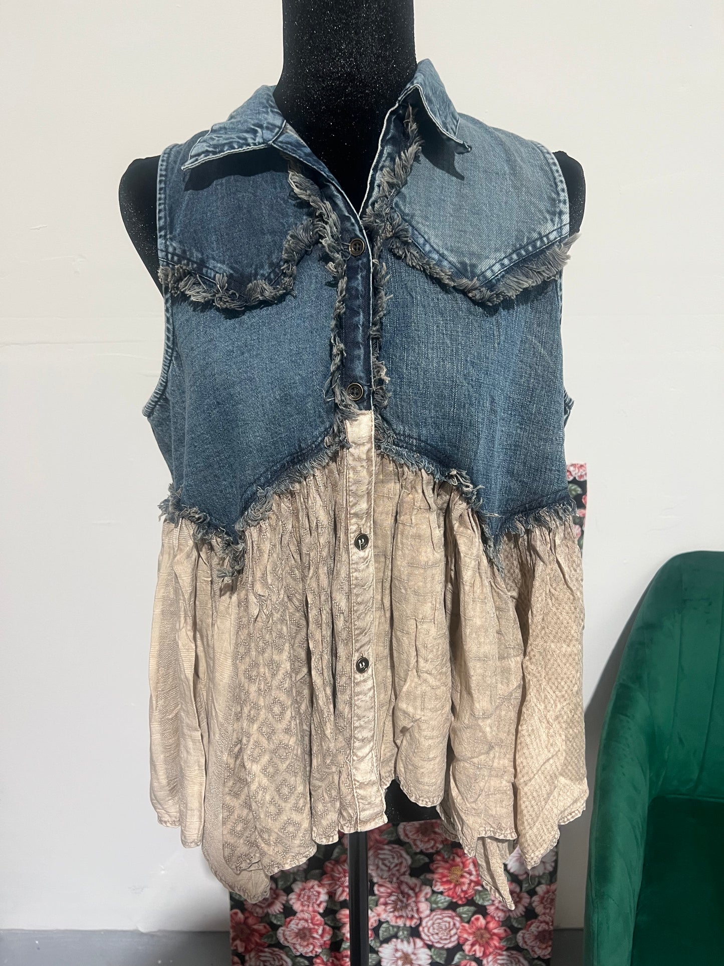 Distressed Boho Western Denim With Ruffles Sleeveless Tunic Top