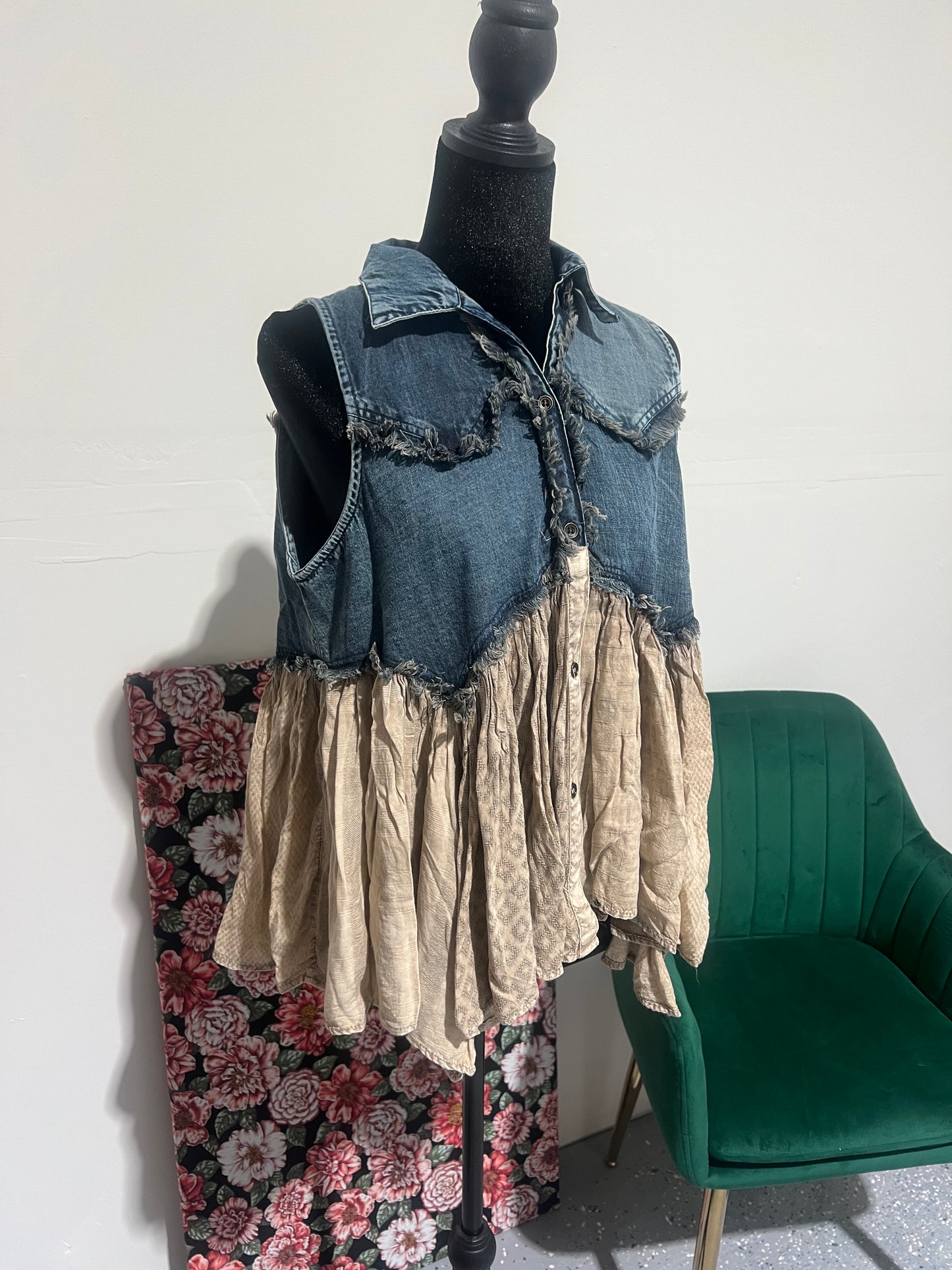 Distressed Boho Western Denim With Ruffles Sleeveless Tunic Top