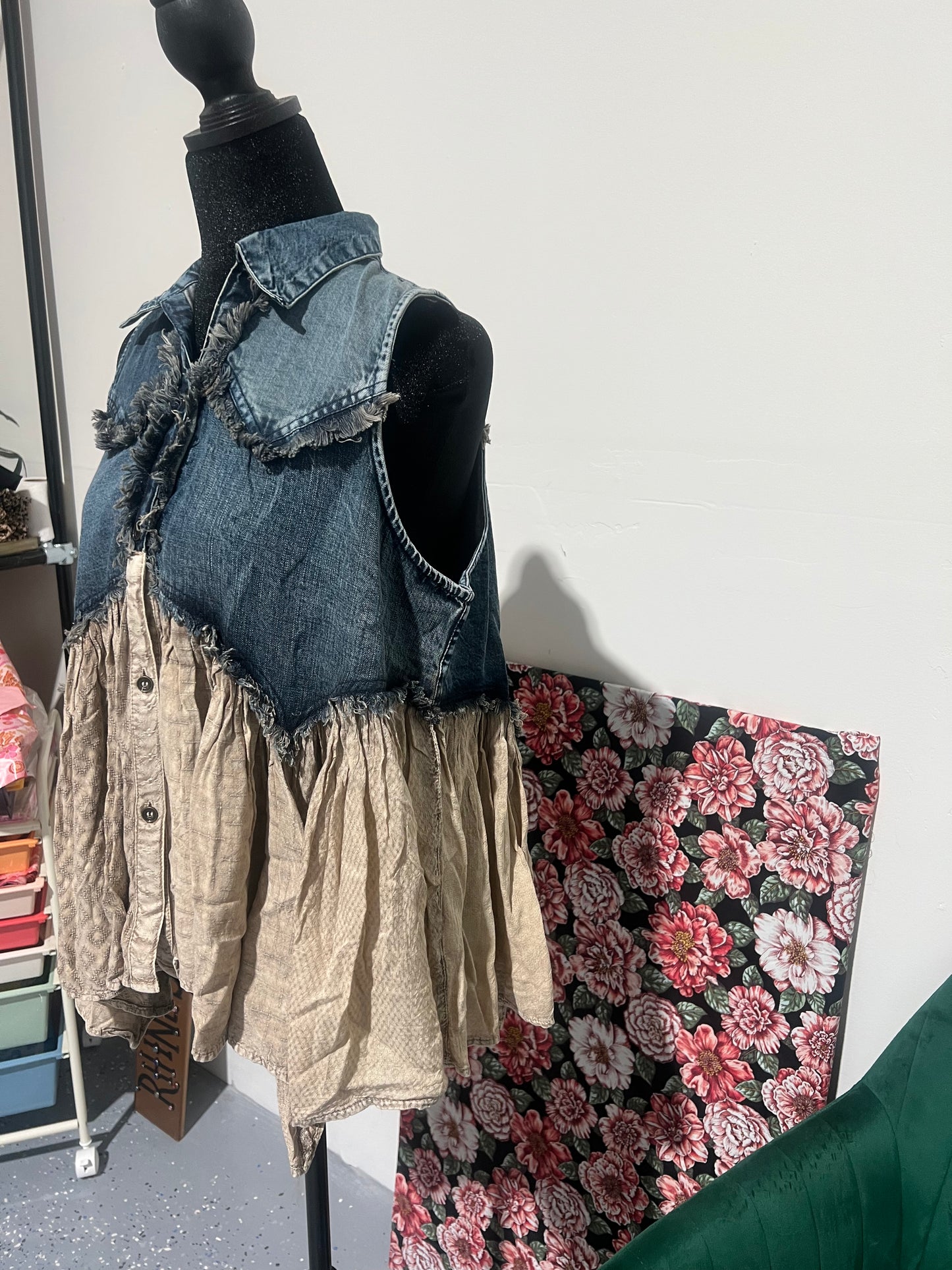 Distressed Boho Western Denim With Ruffles Sleeveless Tunic Top