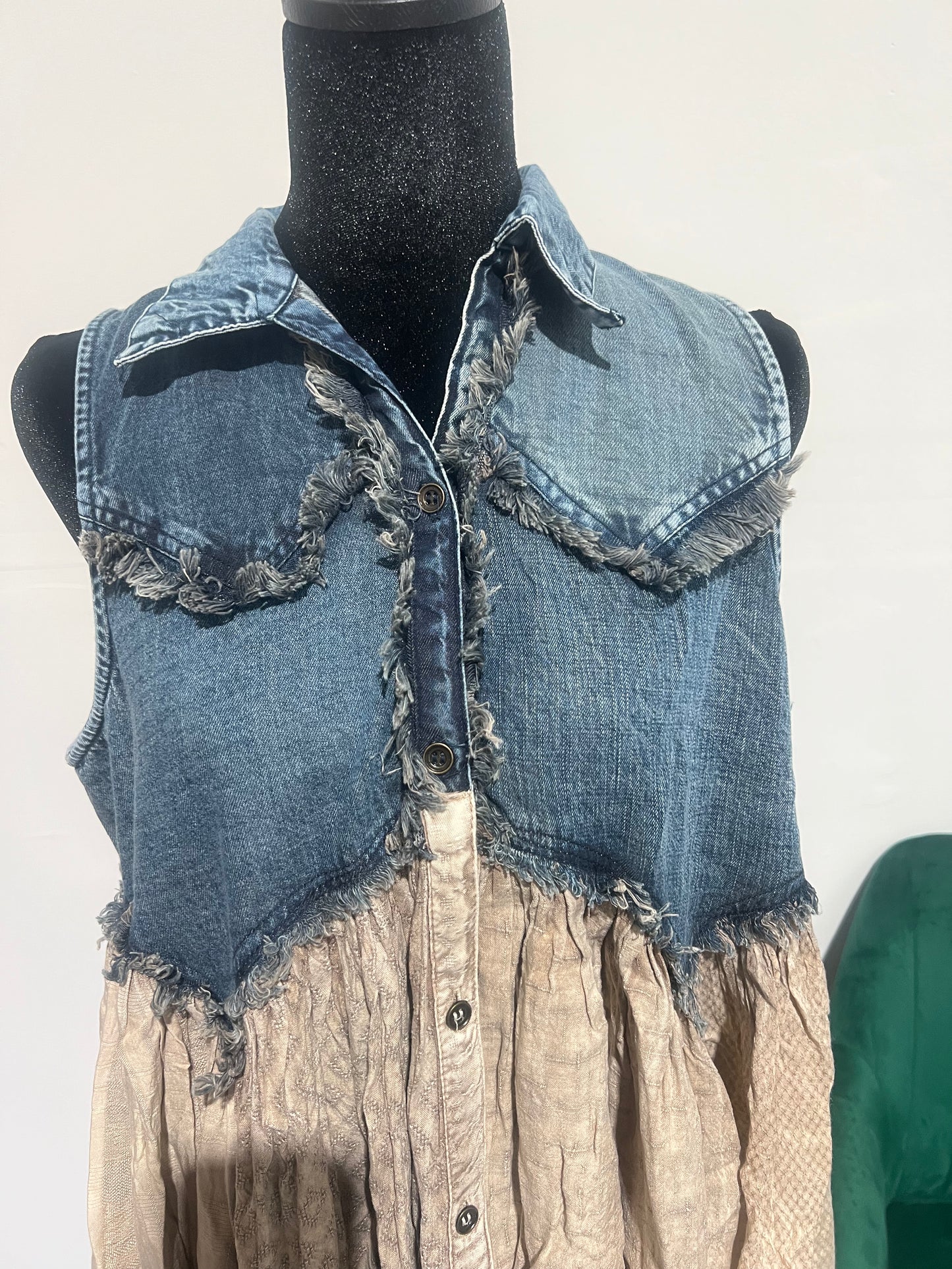 Distressed Boho Western Denim With Ruffles Sleeveless Tunic Top