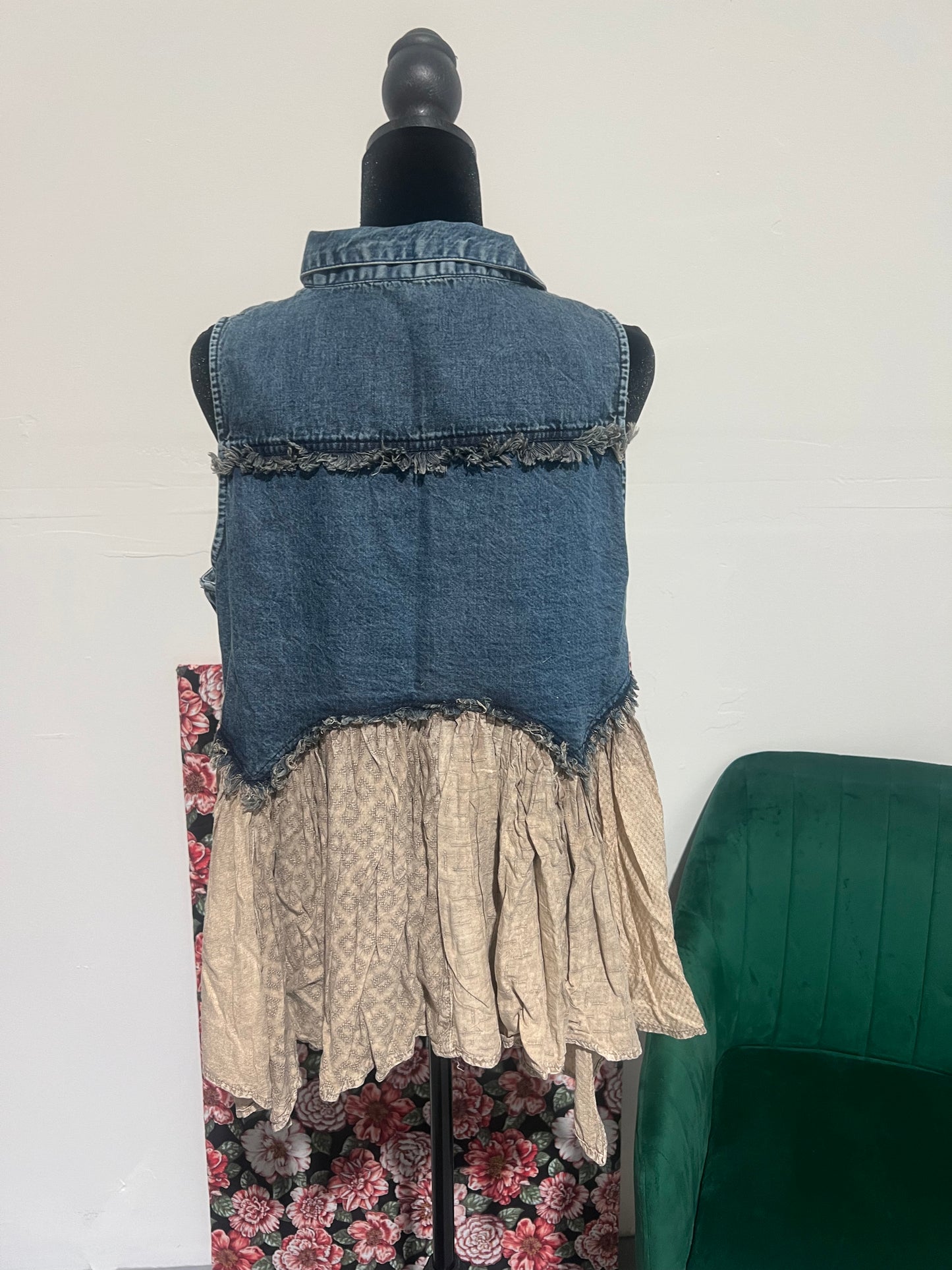 Distressed Boho Western Denim With Ruffles Sleeveless Tunic Top