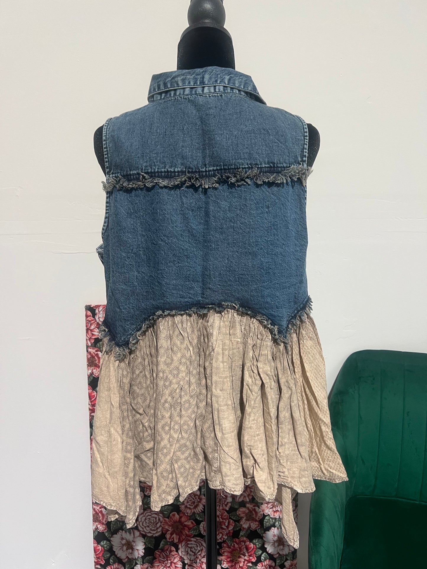 Distressed Boho Western Denim With Ruffles Sleeveless Tunic Top