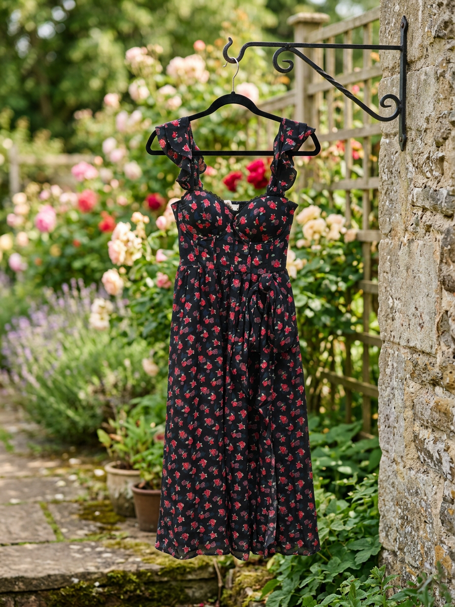 Floral Print Sweetheart Midi Dress with Bow