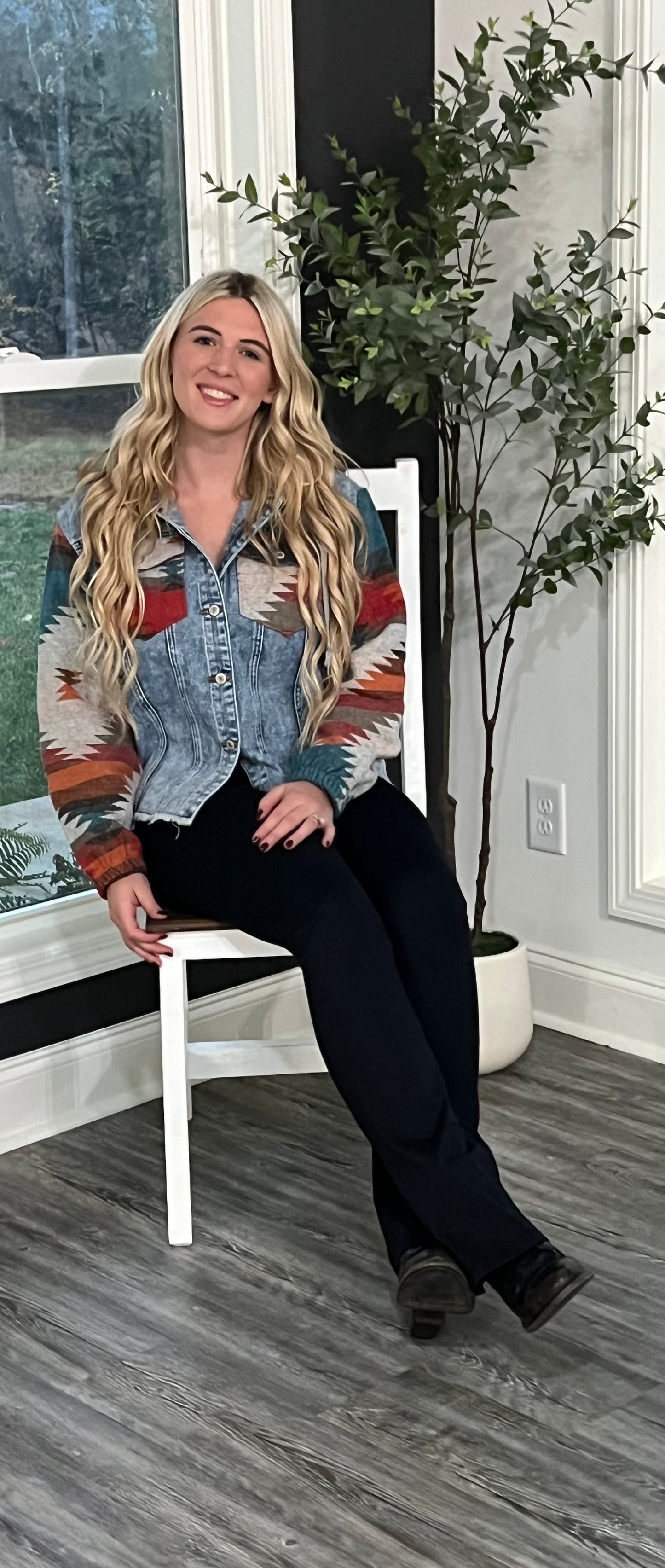 The Robby Aztec Print Frayed Hem Denim Jacket