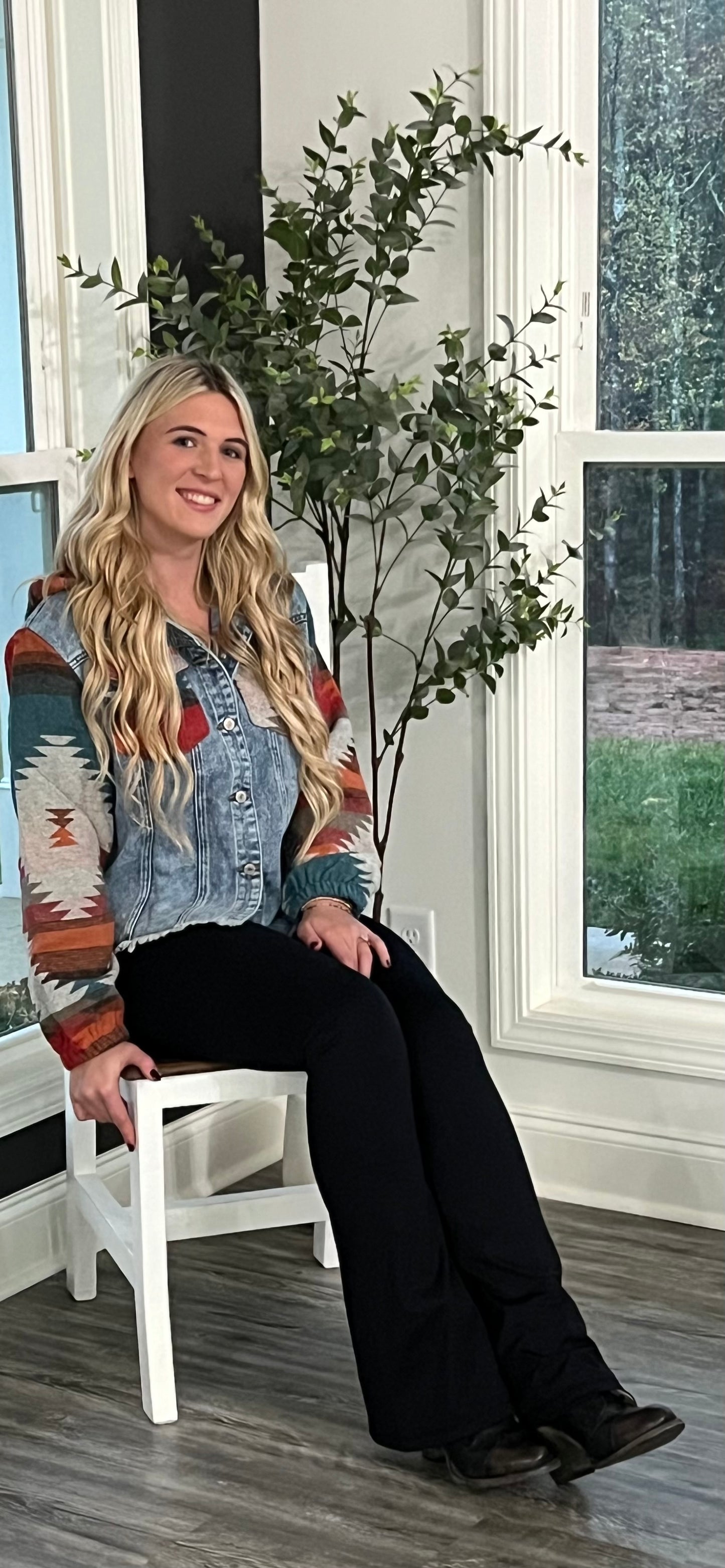 The Robby Aztec Print Frayed Hem Denim Jacket