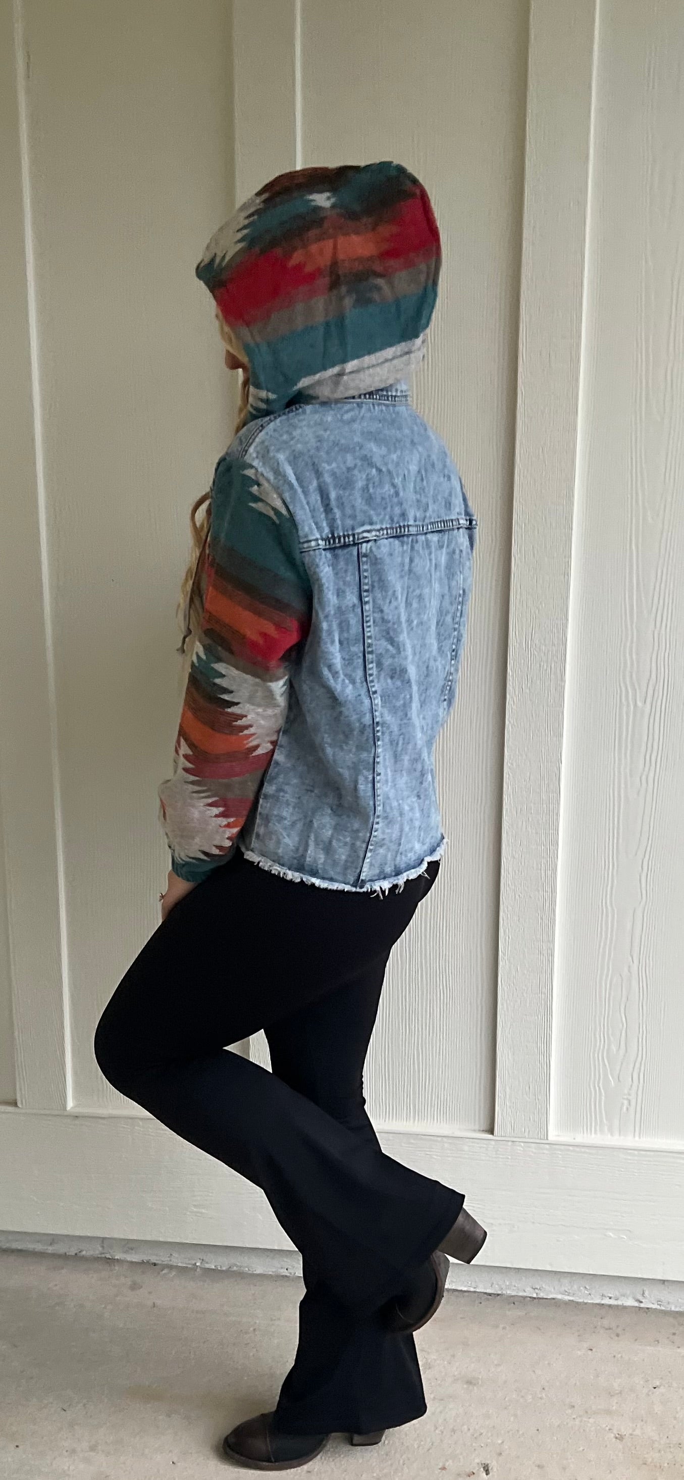 The Robby Aztec Print Frayed Hem Denim Jacket