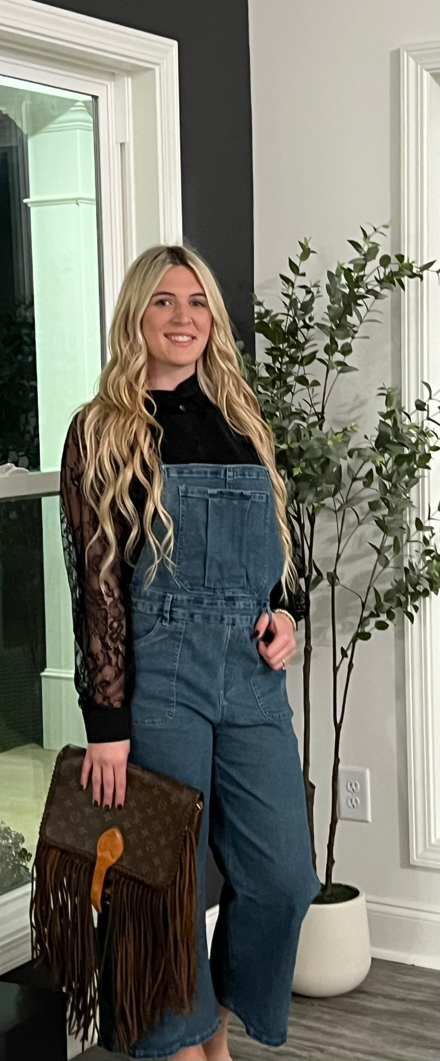 Adjustable tie strap cropped wide leg Denim Overalls