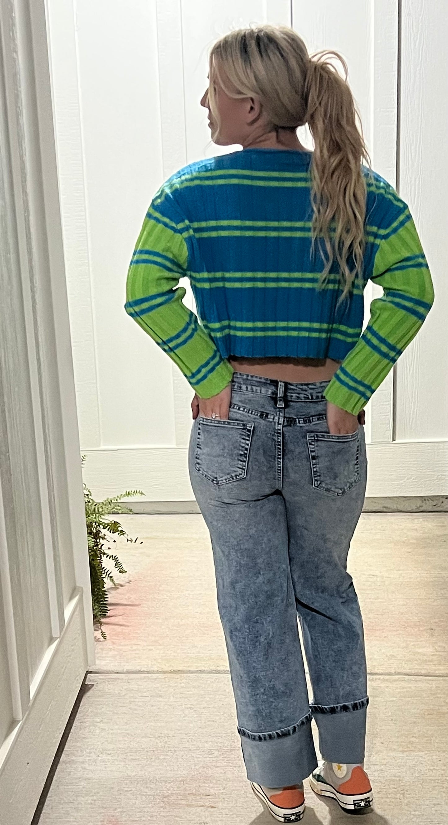 Long Sleeve Square Neck Colorblock Ribbed Sweater