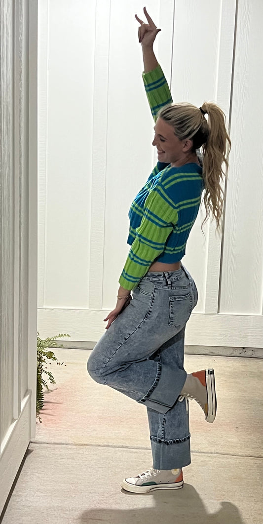 Long Sleeve Square Neck Colorblock Ribbed Sweater