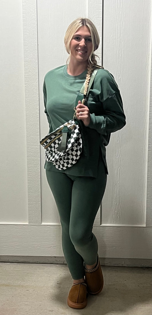 Green Solid Oversized Slit Sweatshirt and Ribbed Leggings Set