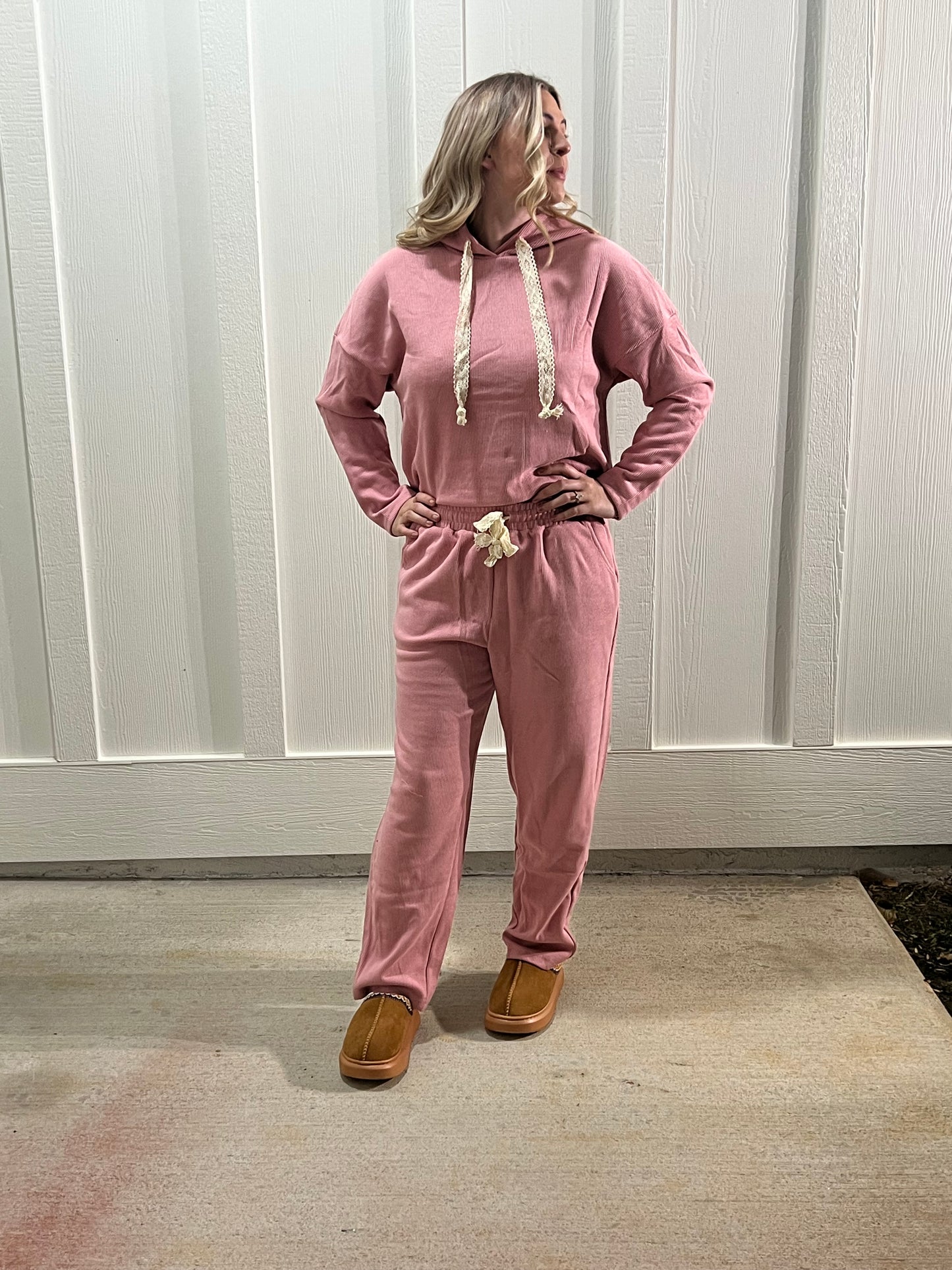 Rose Tan Lace Drawstring Pullover Hoodie Set