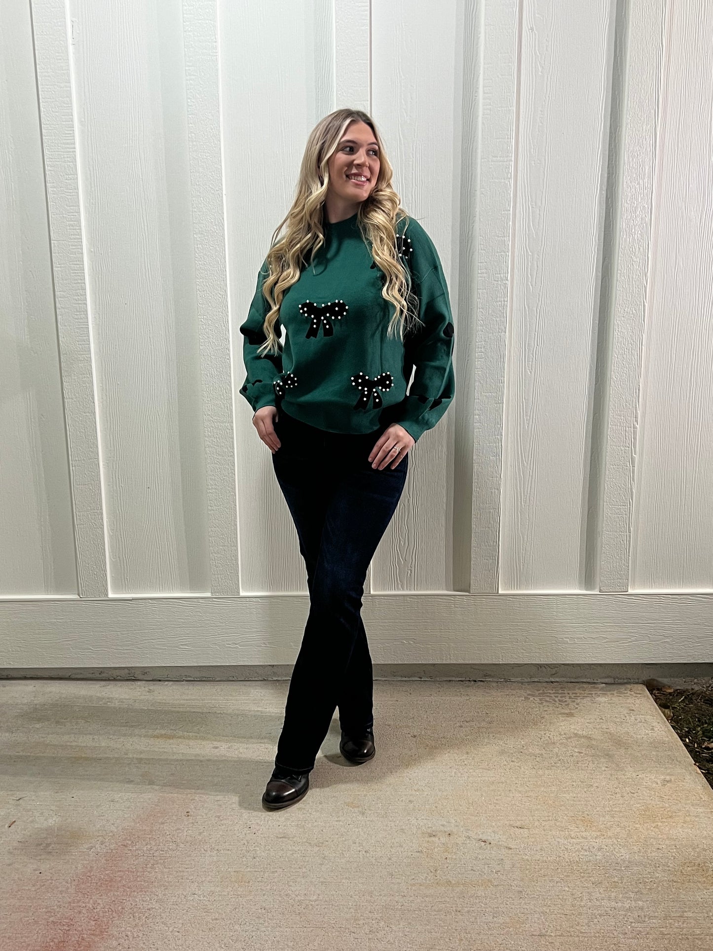 Blackish Green Pearl Embellished Sweater