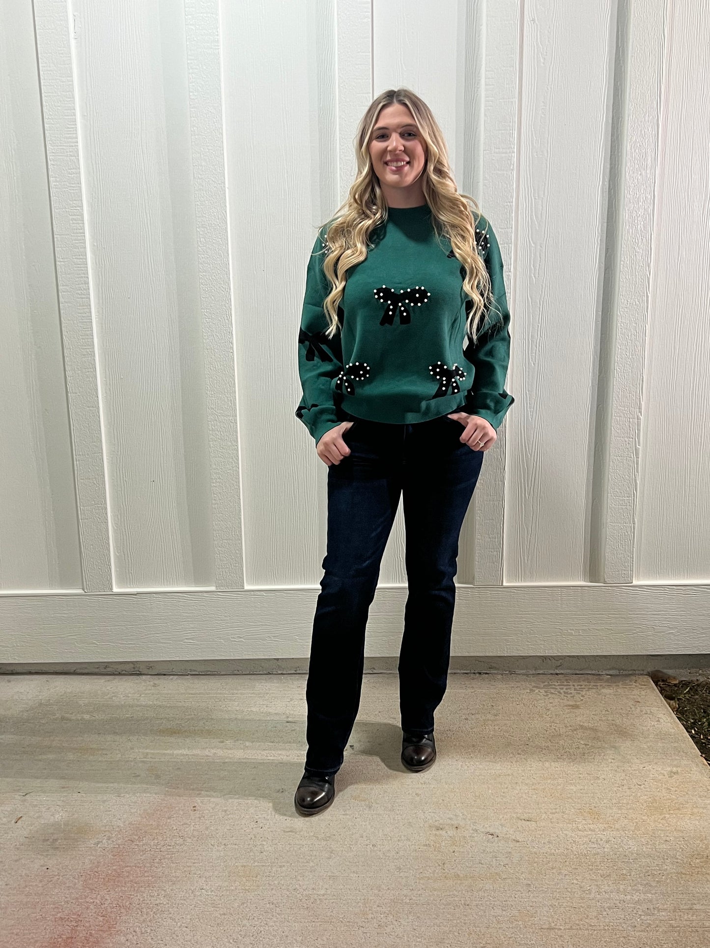 Blackish Green Pearl Embellished Sweater