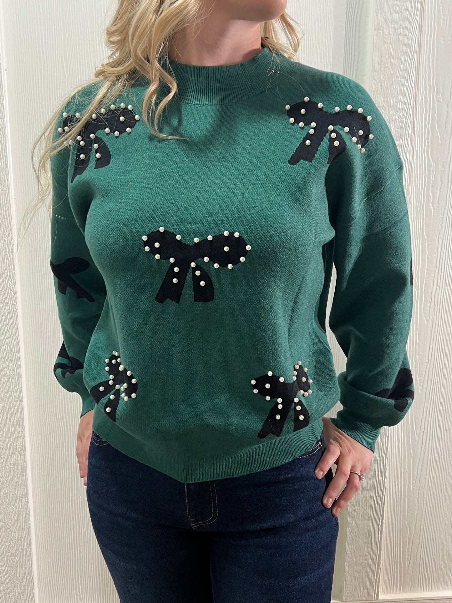 Blackish Green Pearl Embellished Sweater