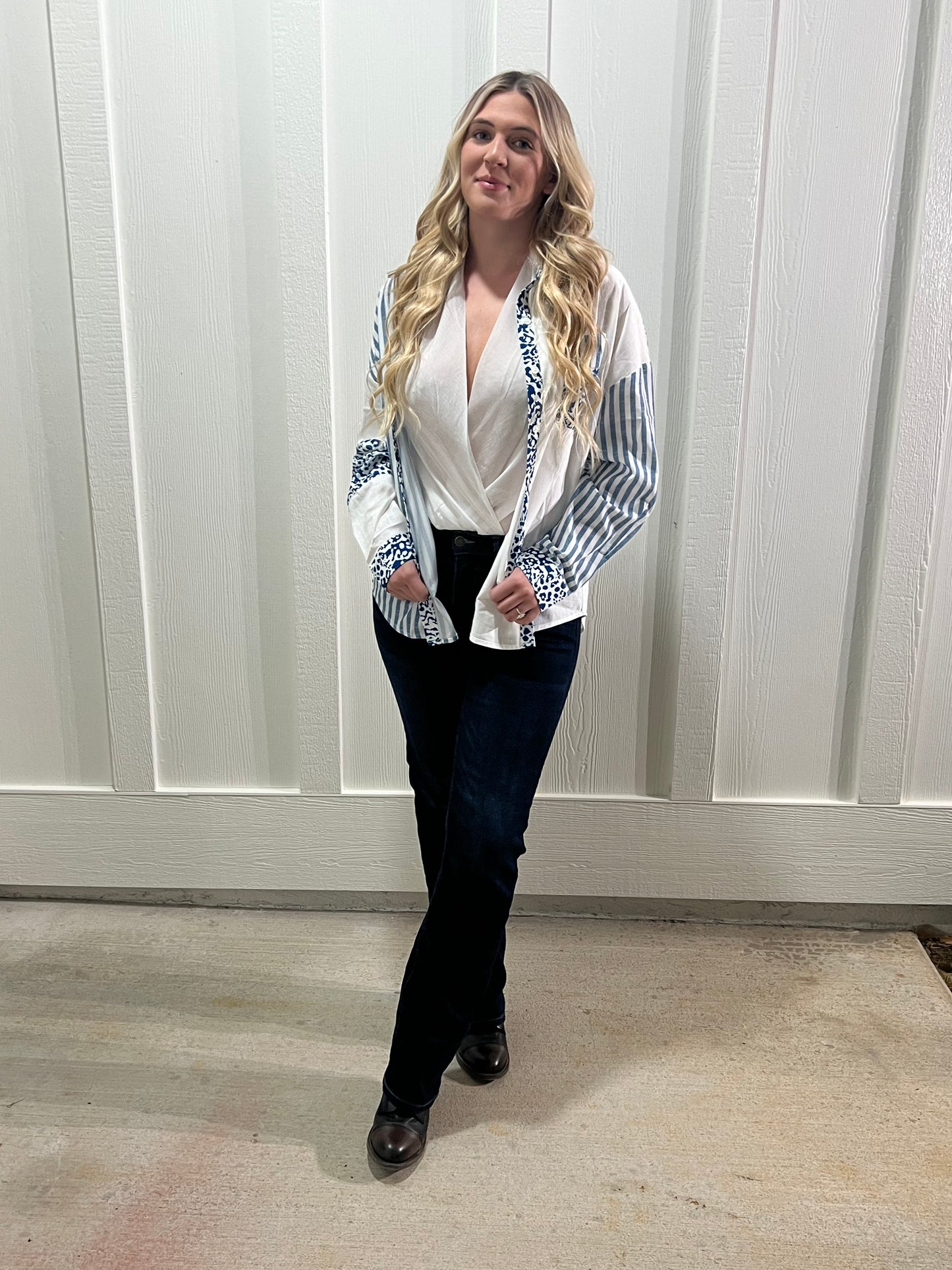 Sky Blue Leopard Striped Western Long Sleeve Button Top