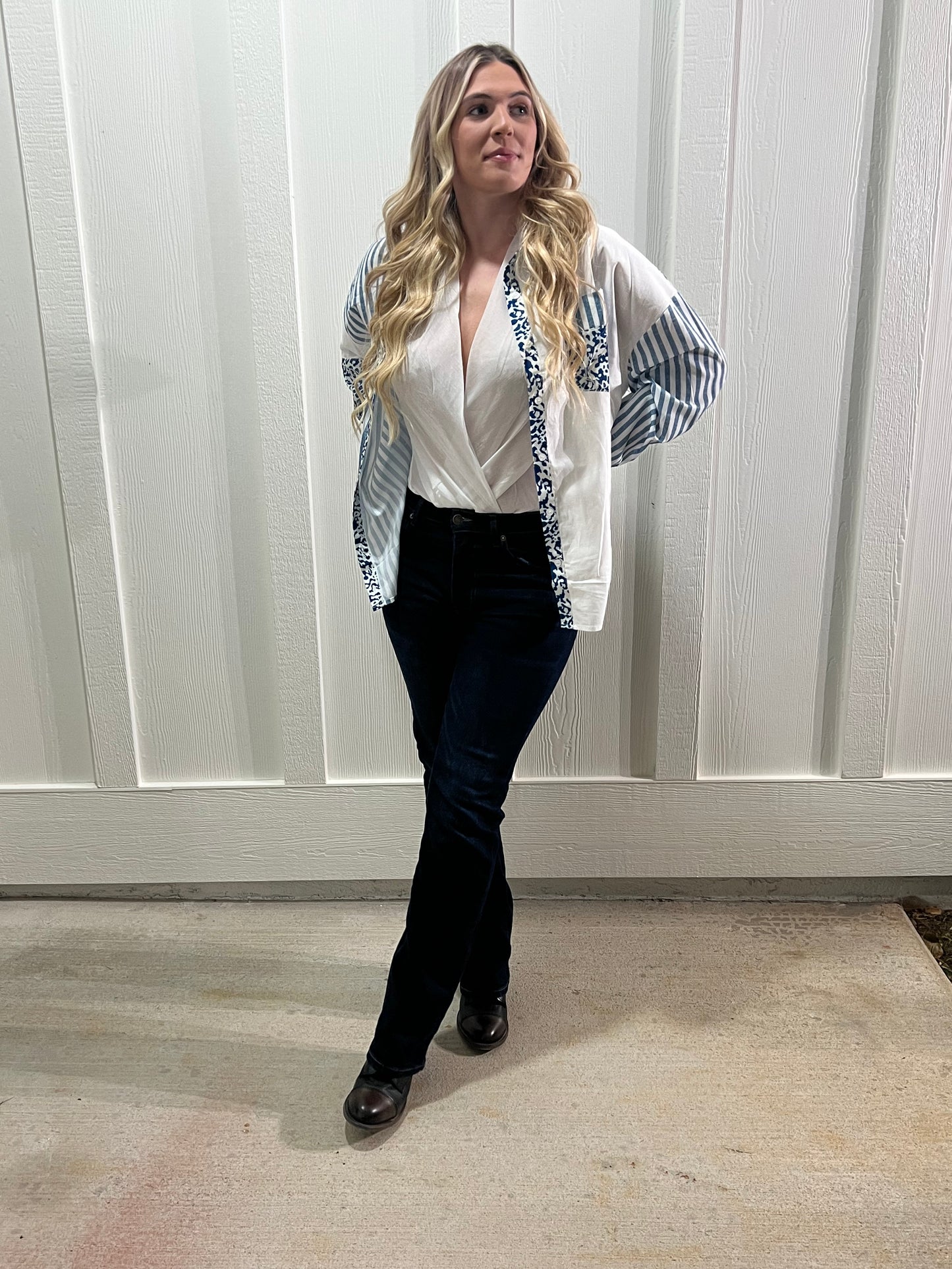 Sky Blue Leopard Striped Western Long Sleeve Button Top