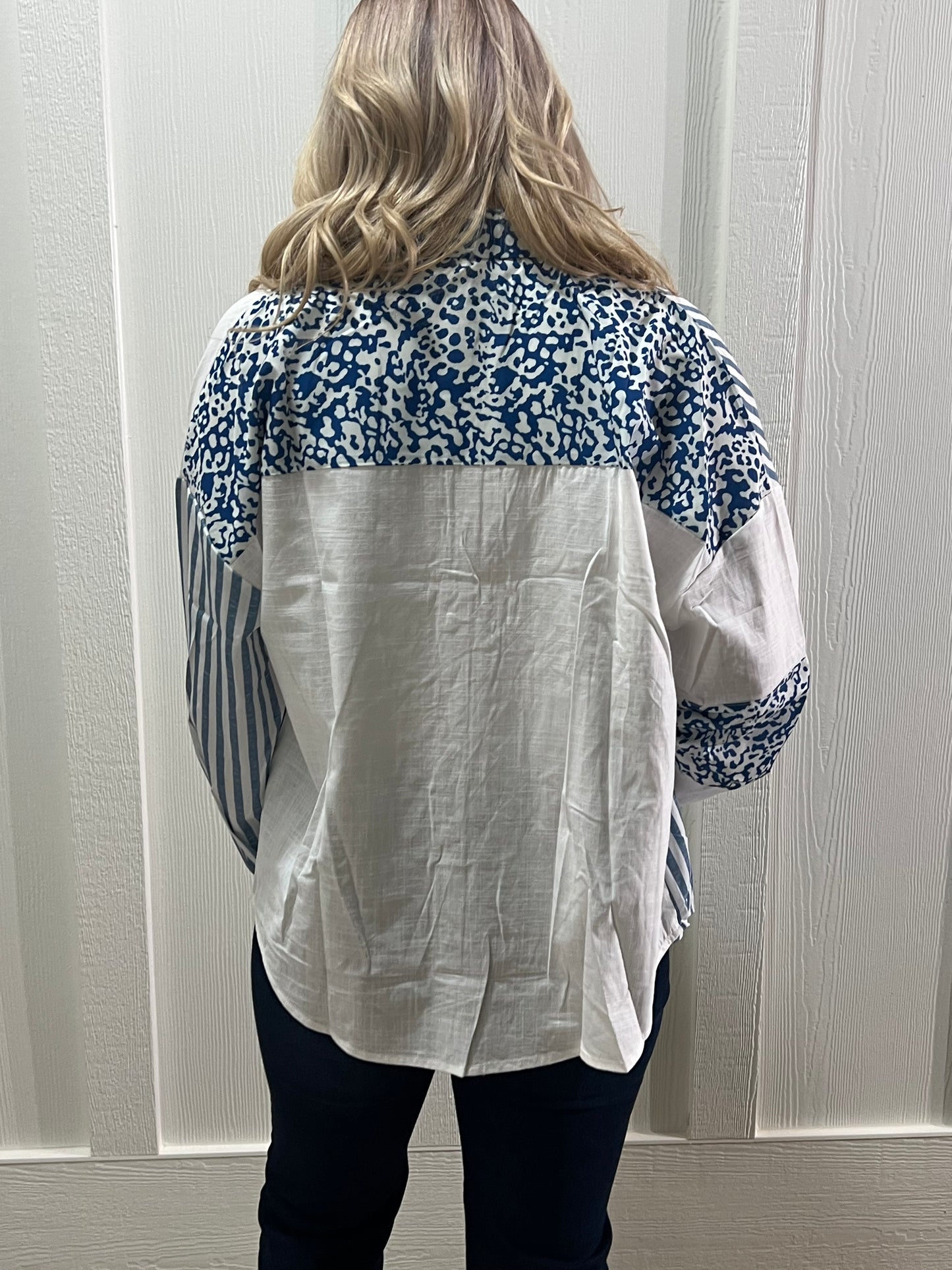 Sky Blue Leopard Striped Western Long Sleeve Button Top