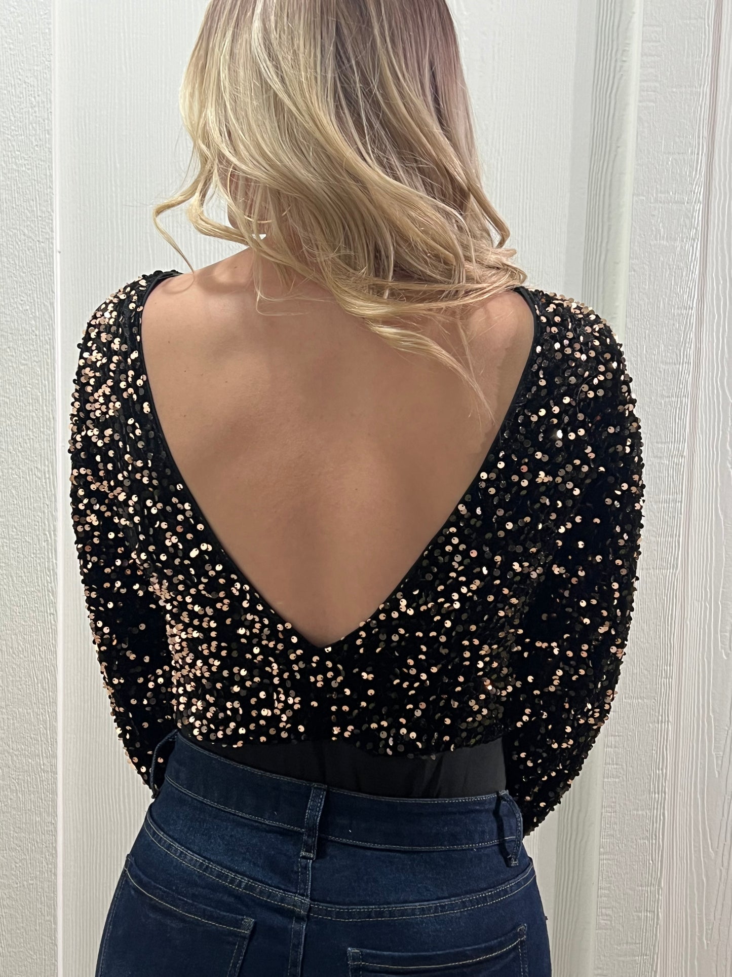 Black Deep V- Neck Sequin Bodysuit