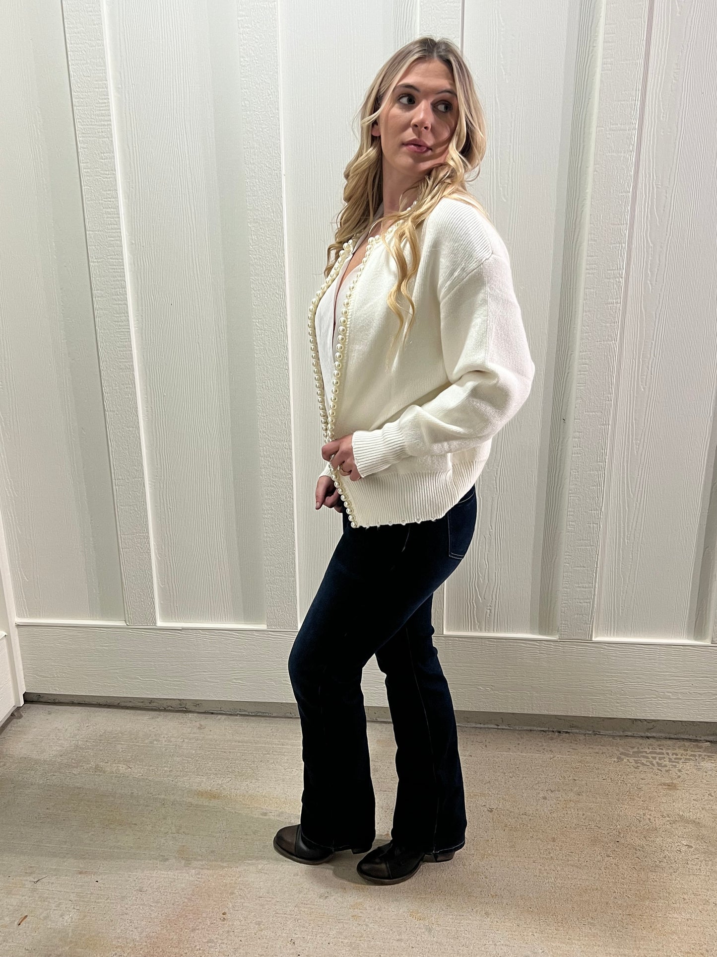 Elegant White Pearl Cardigan