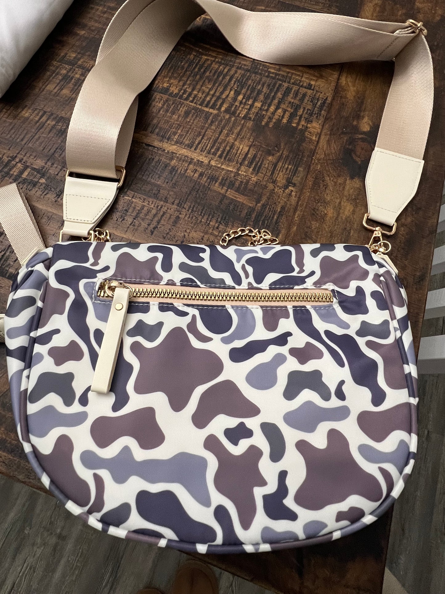 White Camouflage Print Double Zipper Crossbody Bag