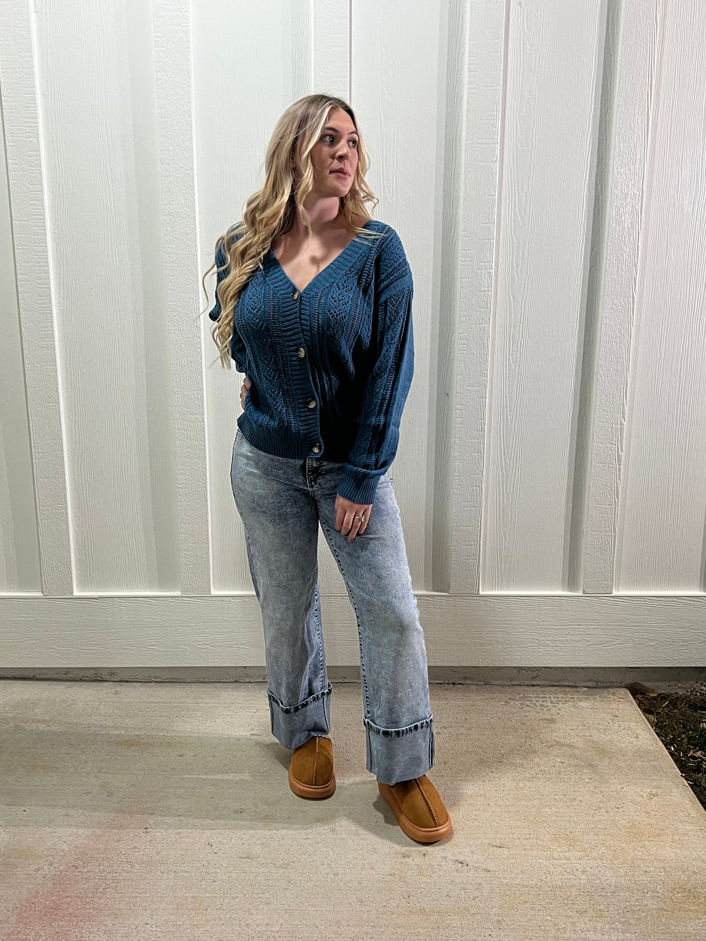 Teal Open Knit Drop Shoulder Sweater Cardigan