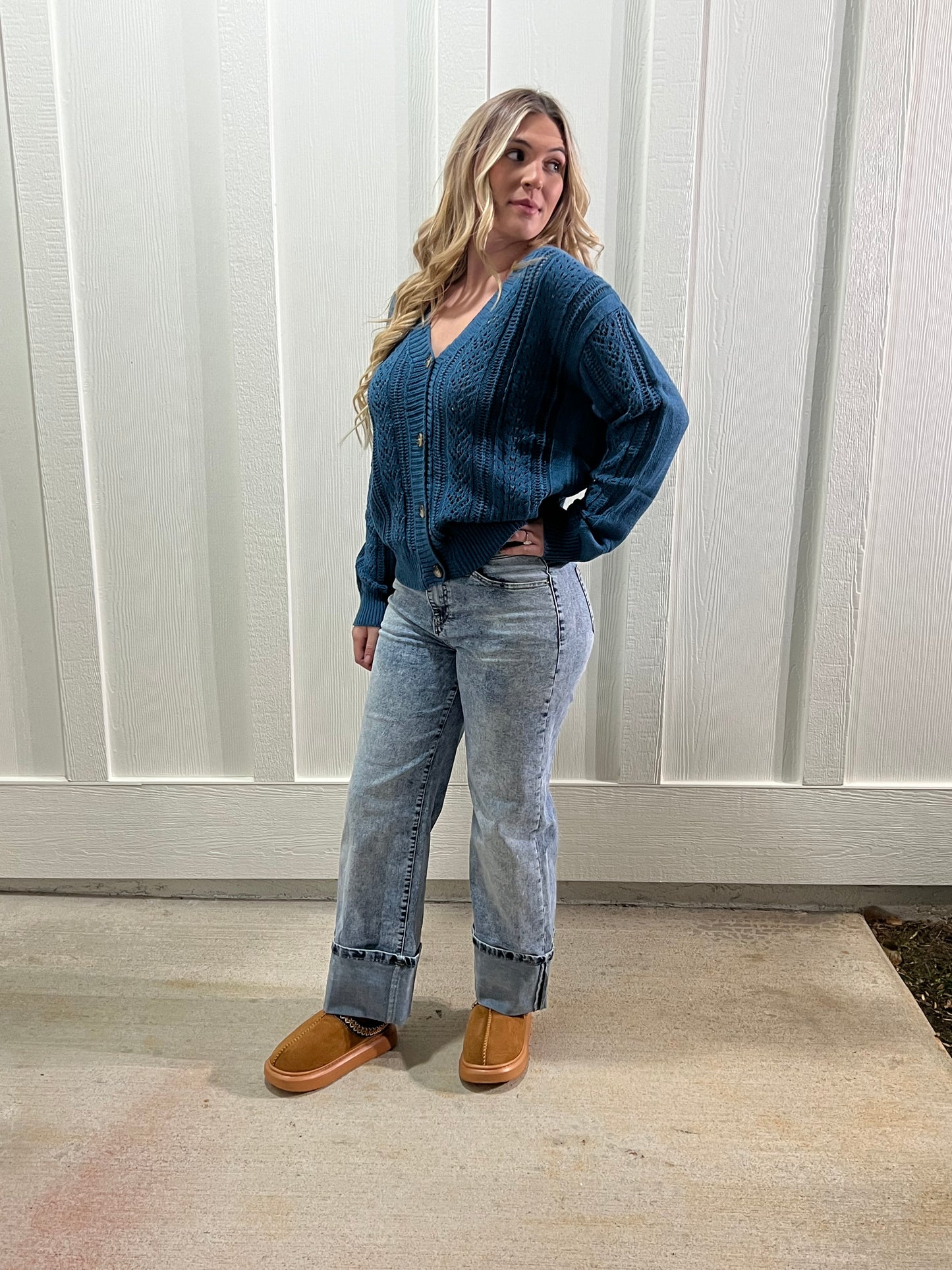 Teal Open Knit Drop Shoulder Sweater Cardigan