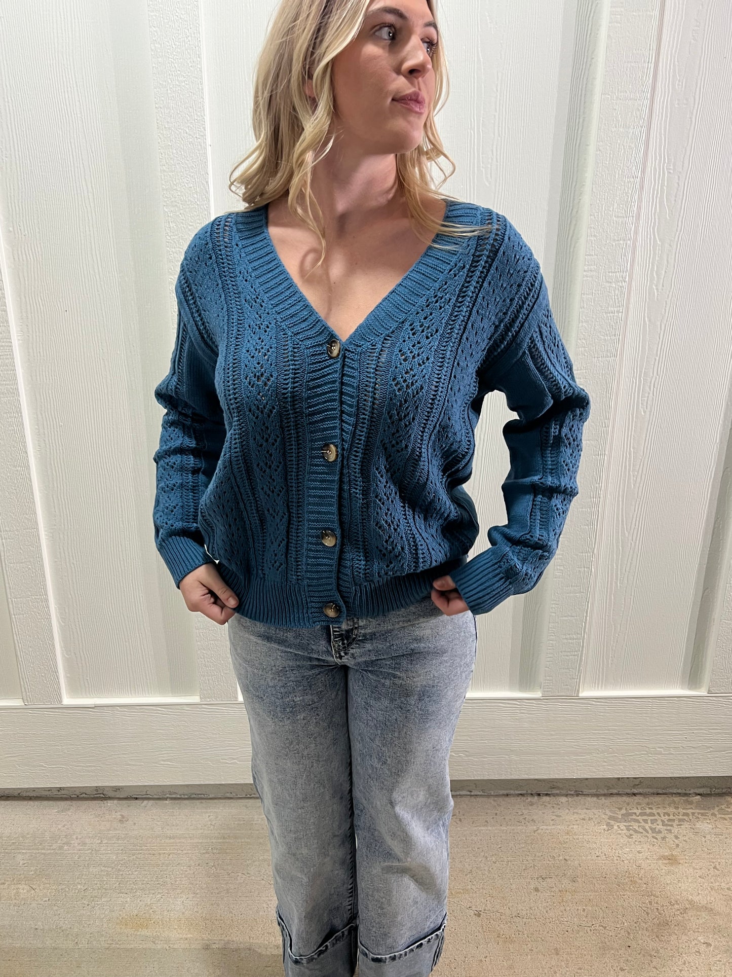 Teal Open Knit Drop Shoulder Sweater Cardigan