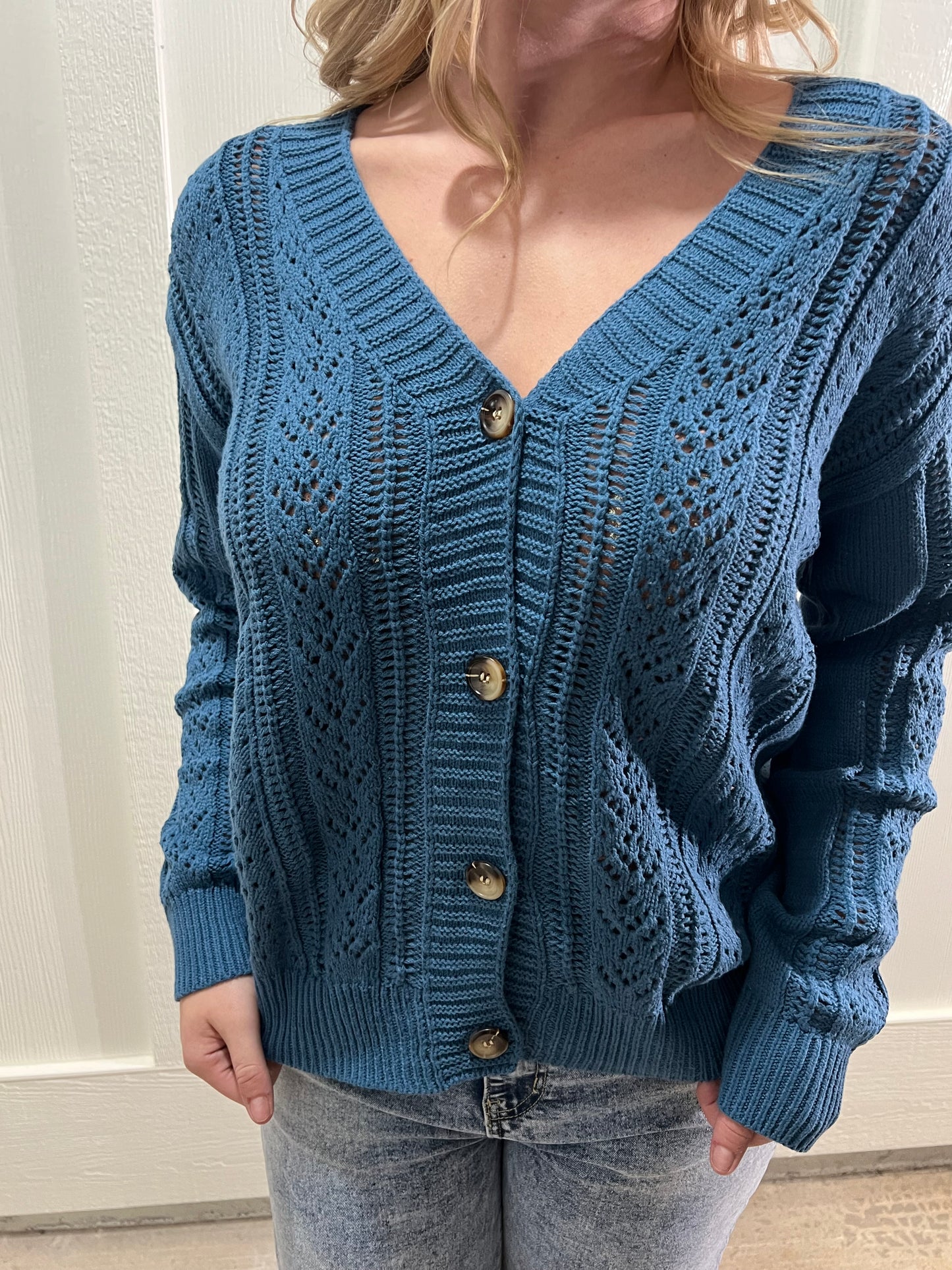 Teal Open Knit Drop Shoulder Sweater Cardigan