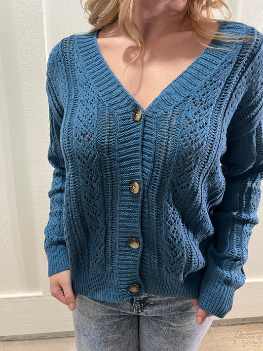 Teal Open Knit Drop Shoulder Sweater Cardigan