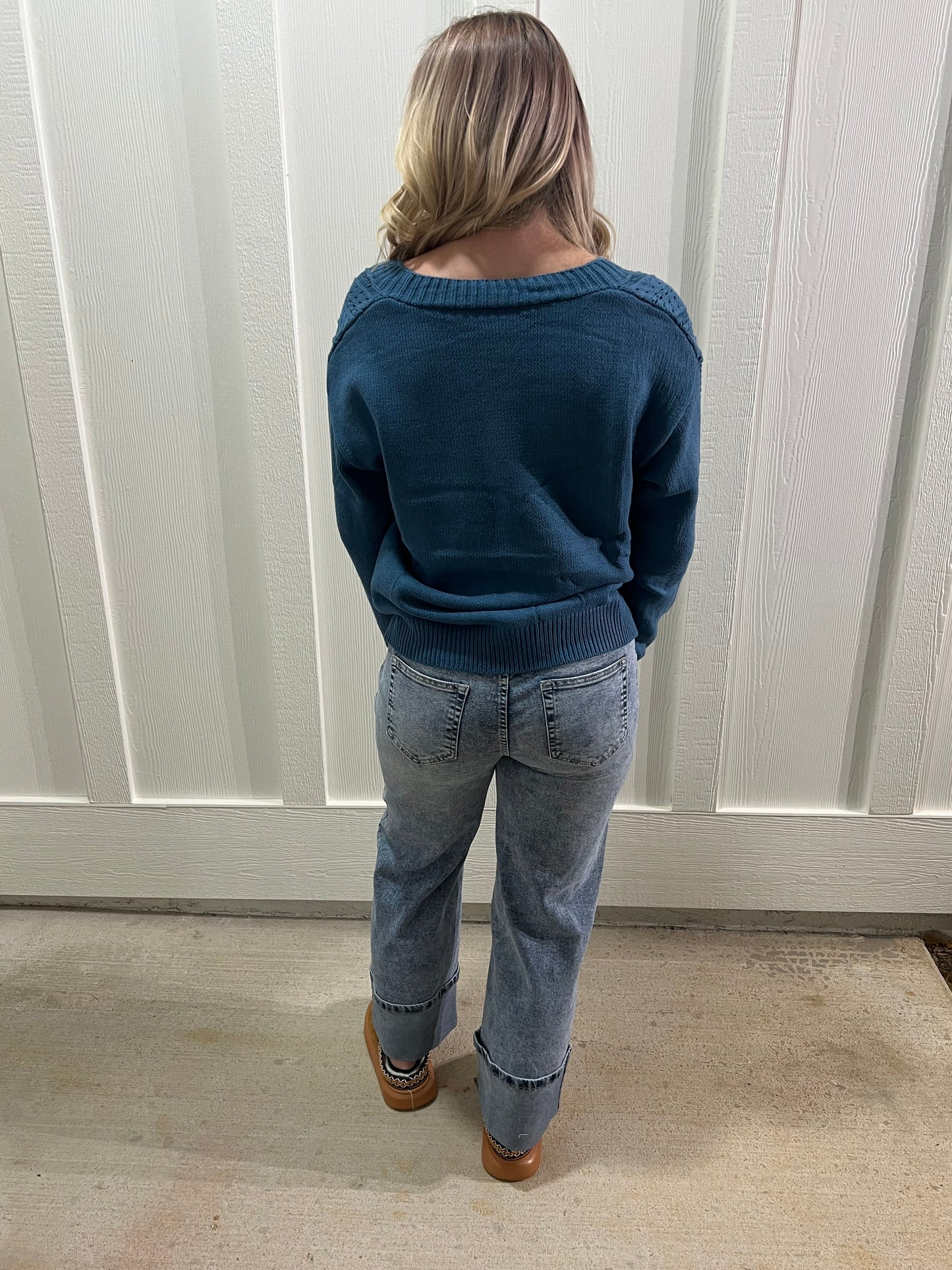 Teal Open Knit Drop Shoulder Sweater Cardigan